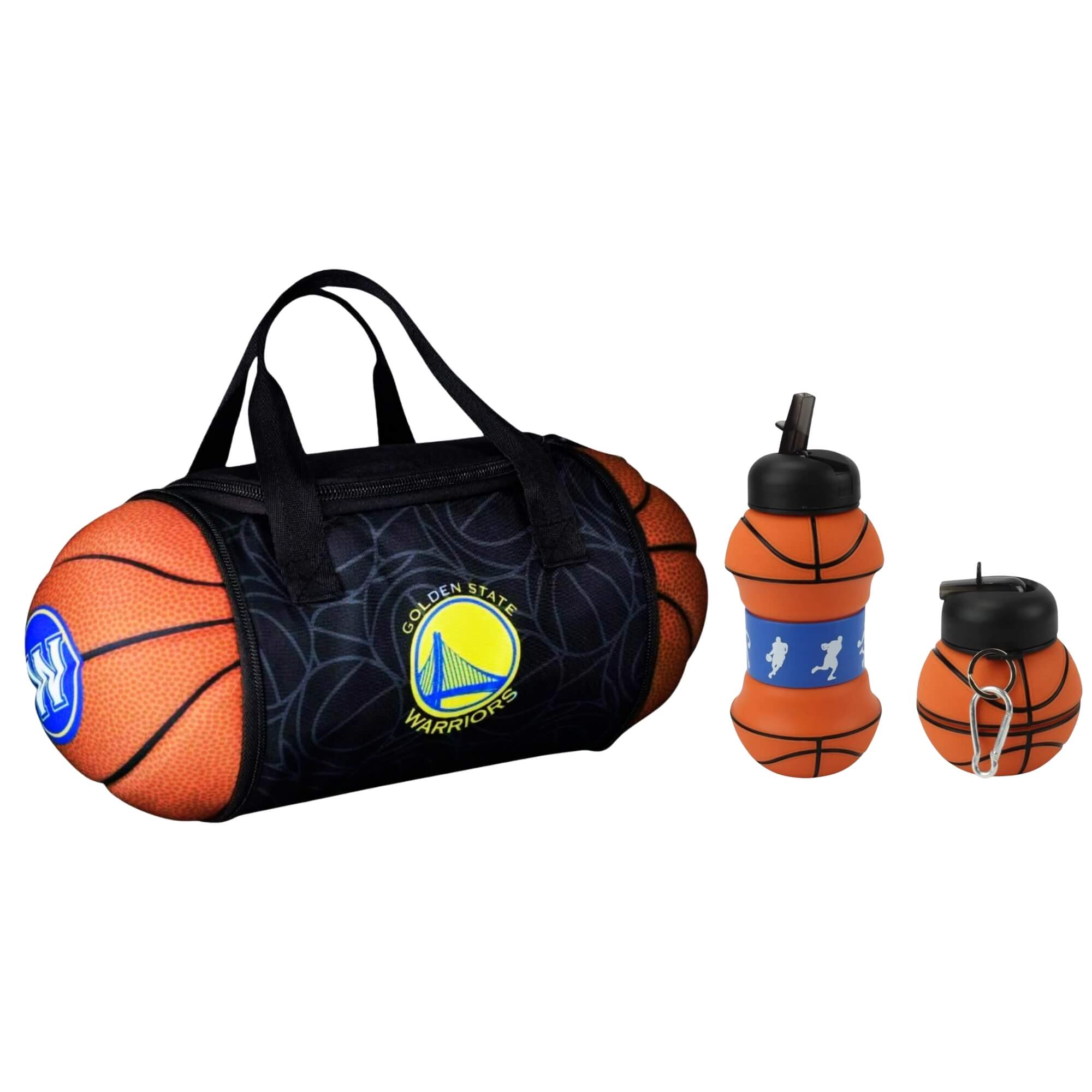 comp Kit Bolsa Térmica NBA Warriors 4,7L + Garrafa Dobrável 550ml com Canudo Futebol e Magia