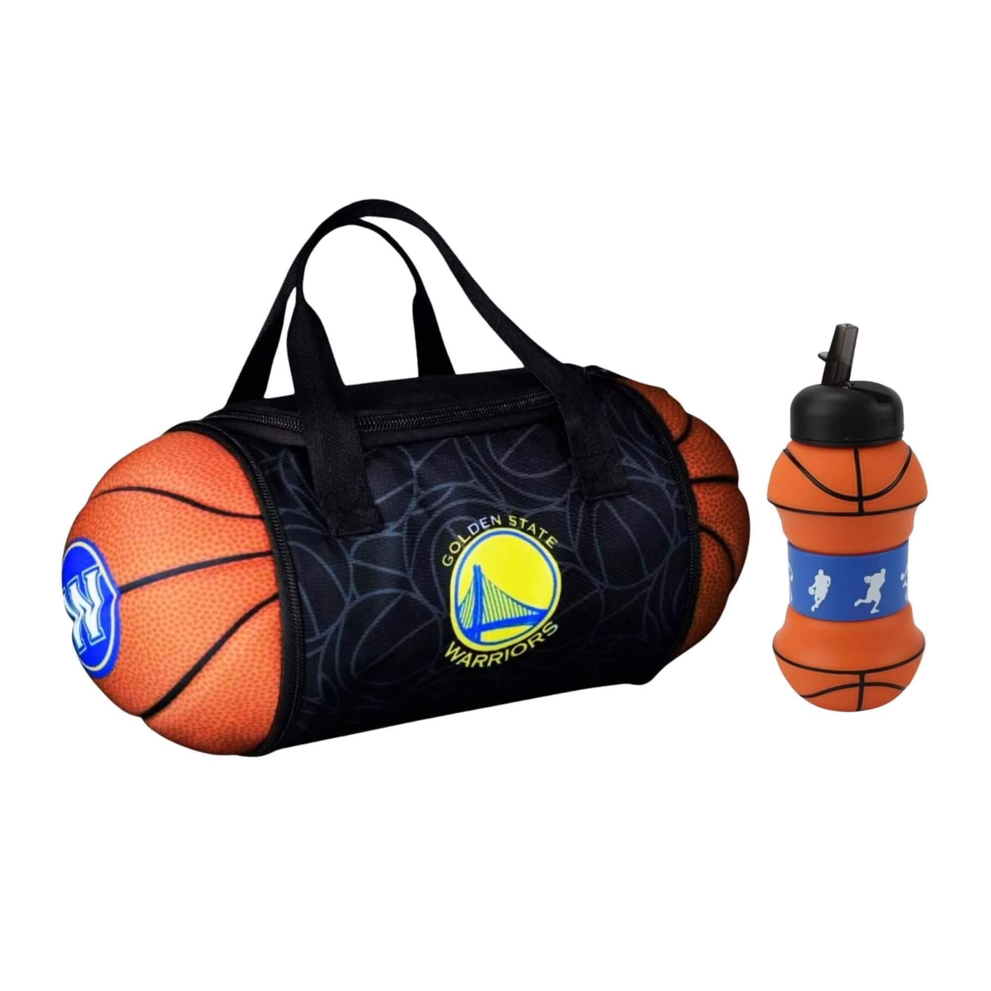 comp Kit Bolsa Térmica NBA Warriors 4,7L + Garrafa Dobrável 550ml com Canudo Futebol e Magia