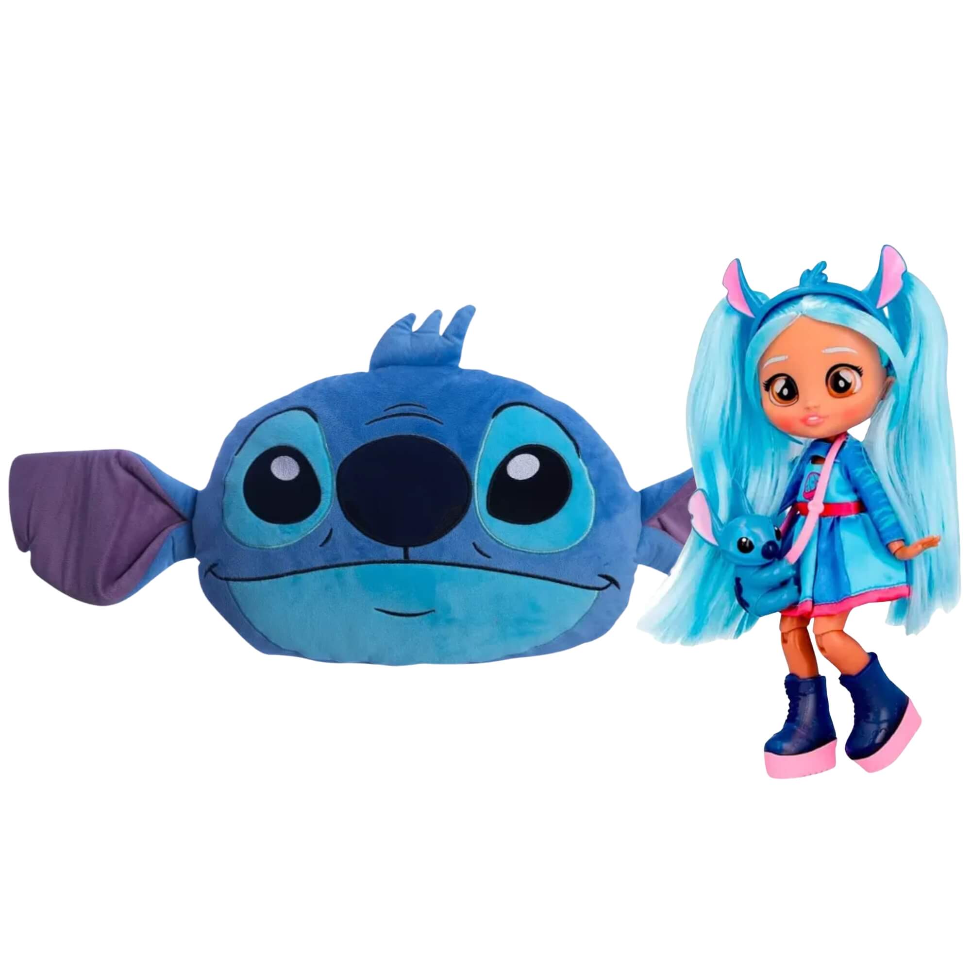 COMP Kit Stitch: Almofada Formato Stitch c/ Aplique + Boneca BFF Cry Babies Stitch Multikids