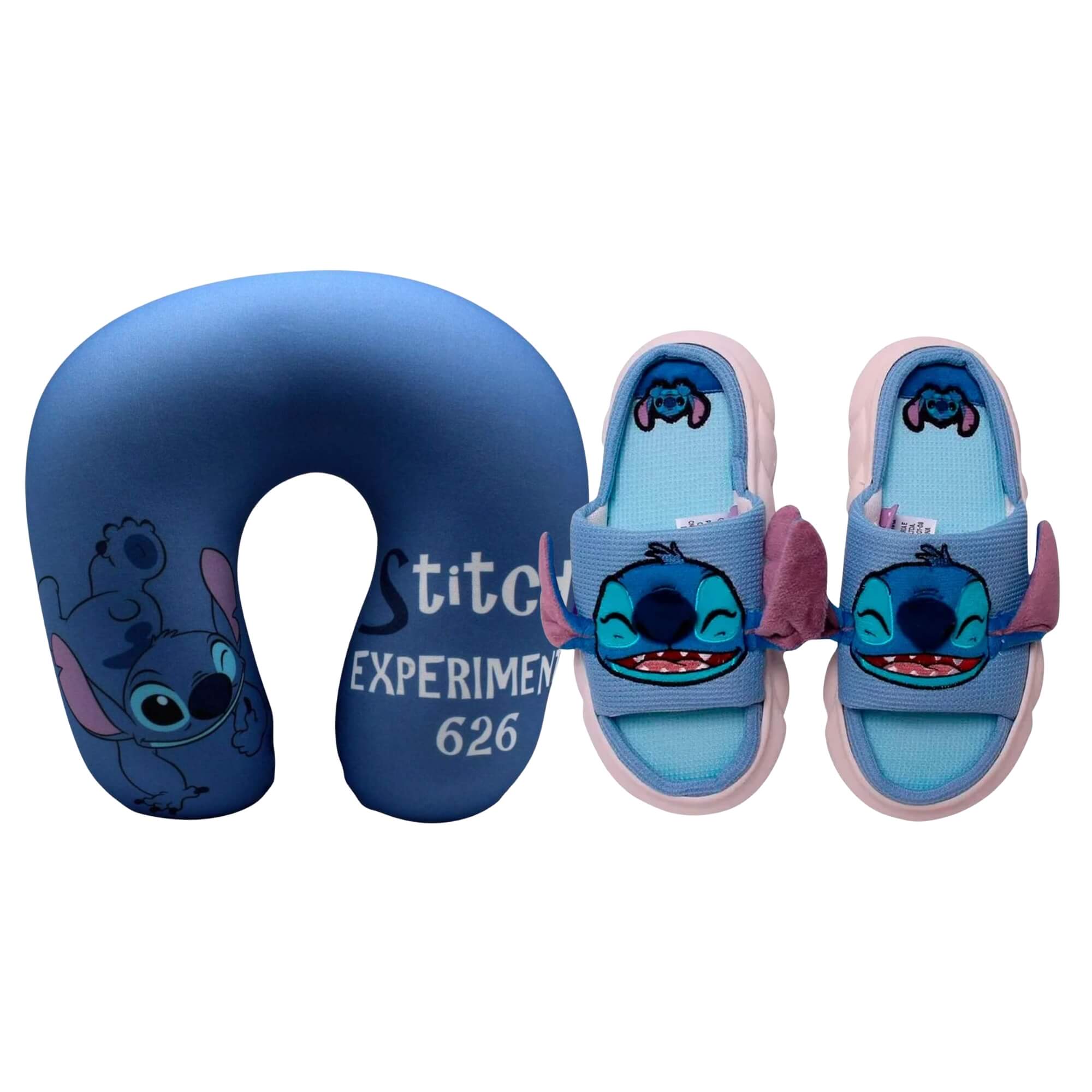 COMP Kit Viagem Stitch: Almofada de Pescoço Micro Pérolas + Pantufa Térmica 39/41 – Zona Criativa