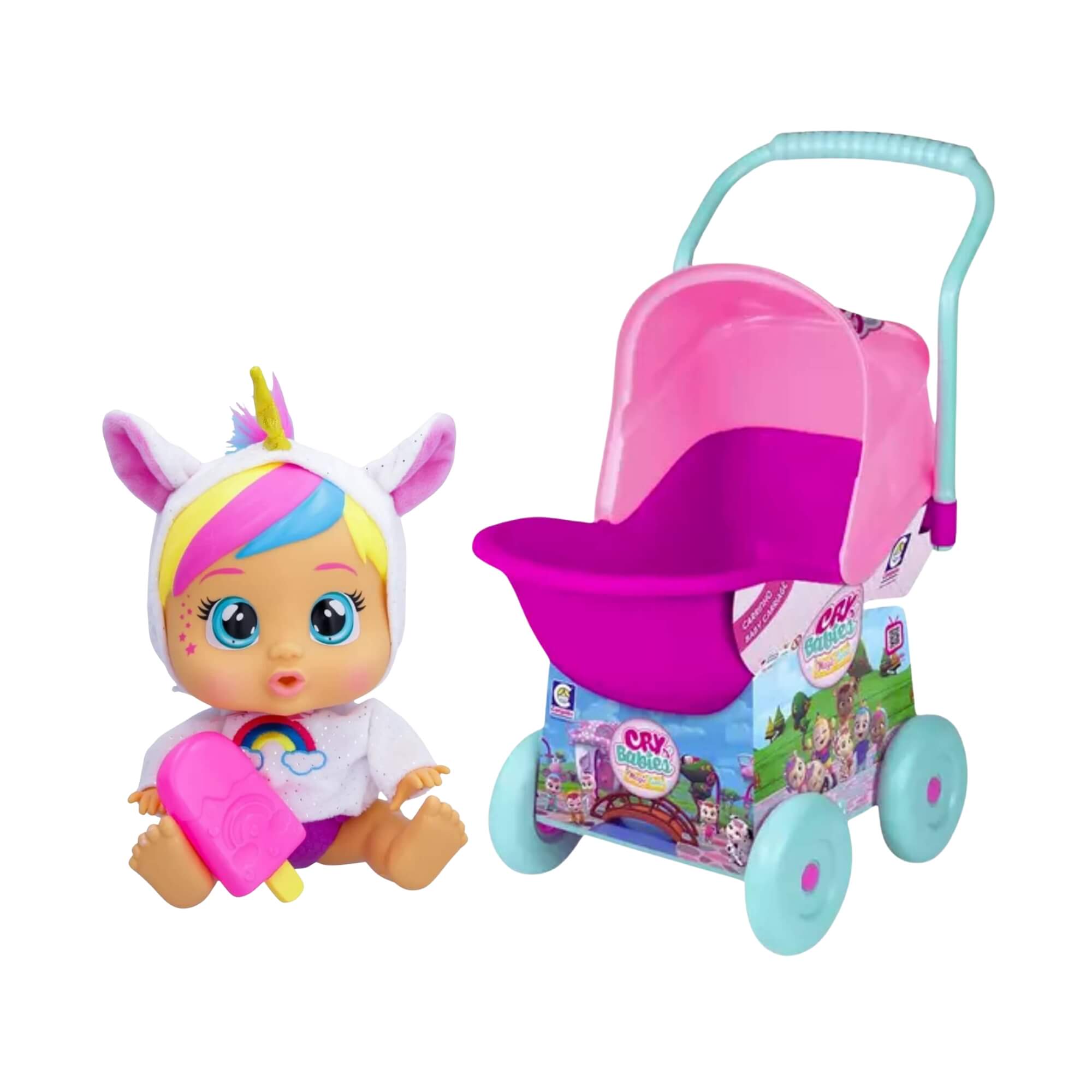 COMP Kit Boneca Cry Babies Loving Care Fitsy Dreamy + Carrinho de Passeio Cry Babies 64cm