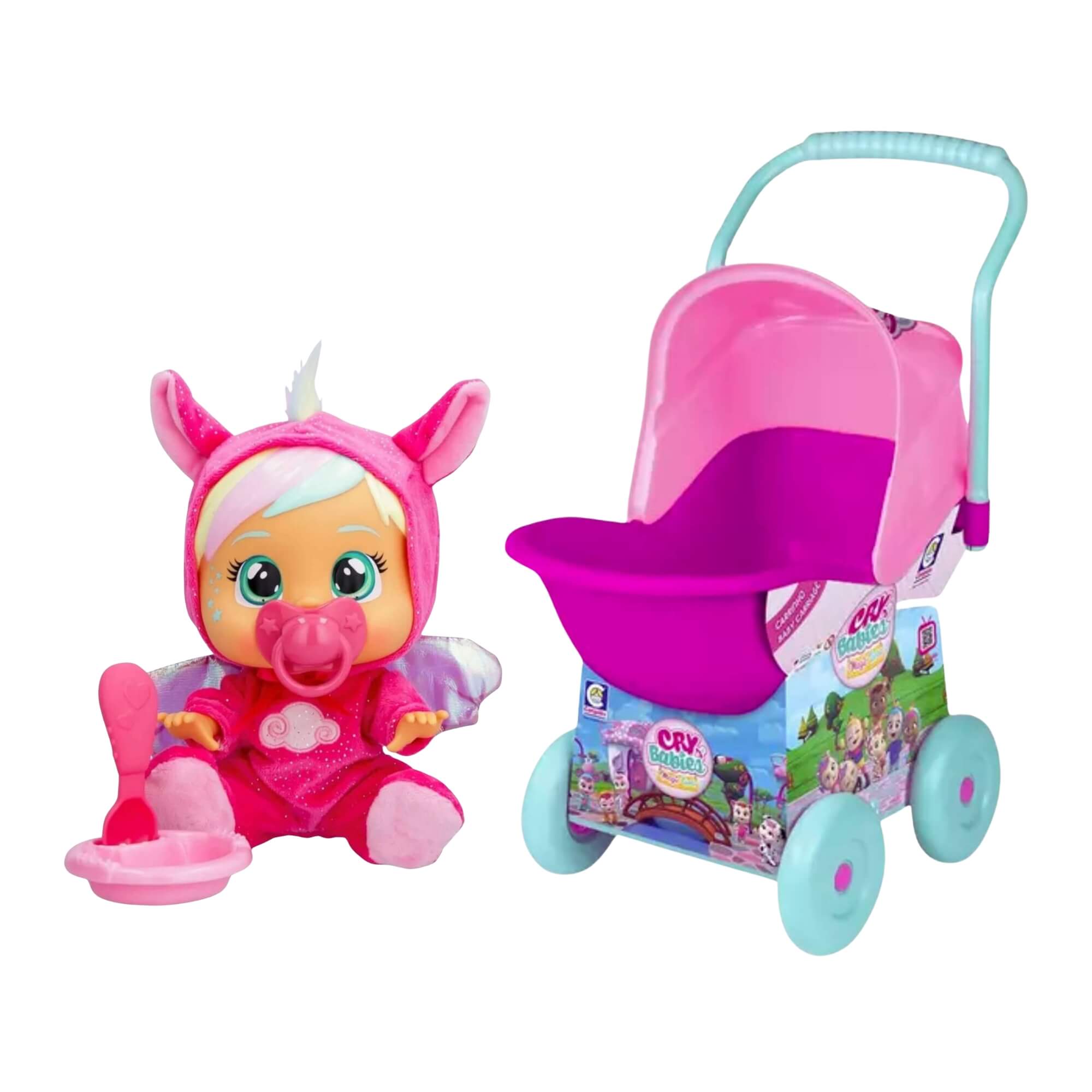 COMP Kit Boneca Cry Babies Loving Care Fitsy Dreamy + Carrinho de Passeio Cry Babies 64cm