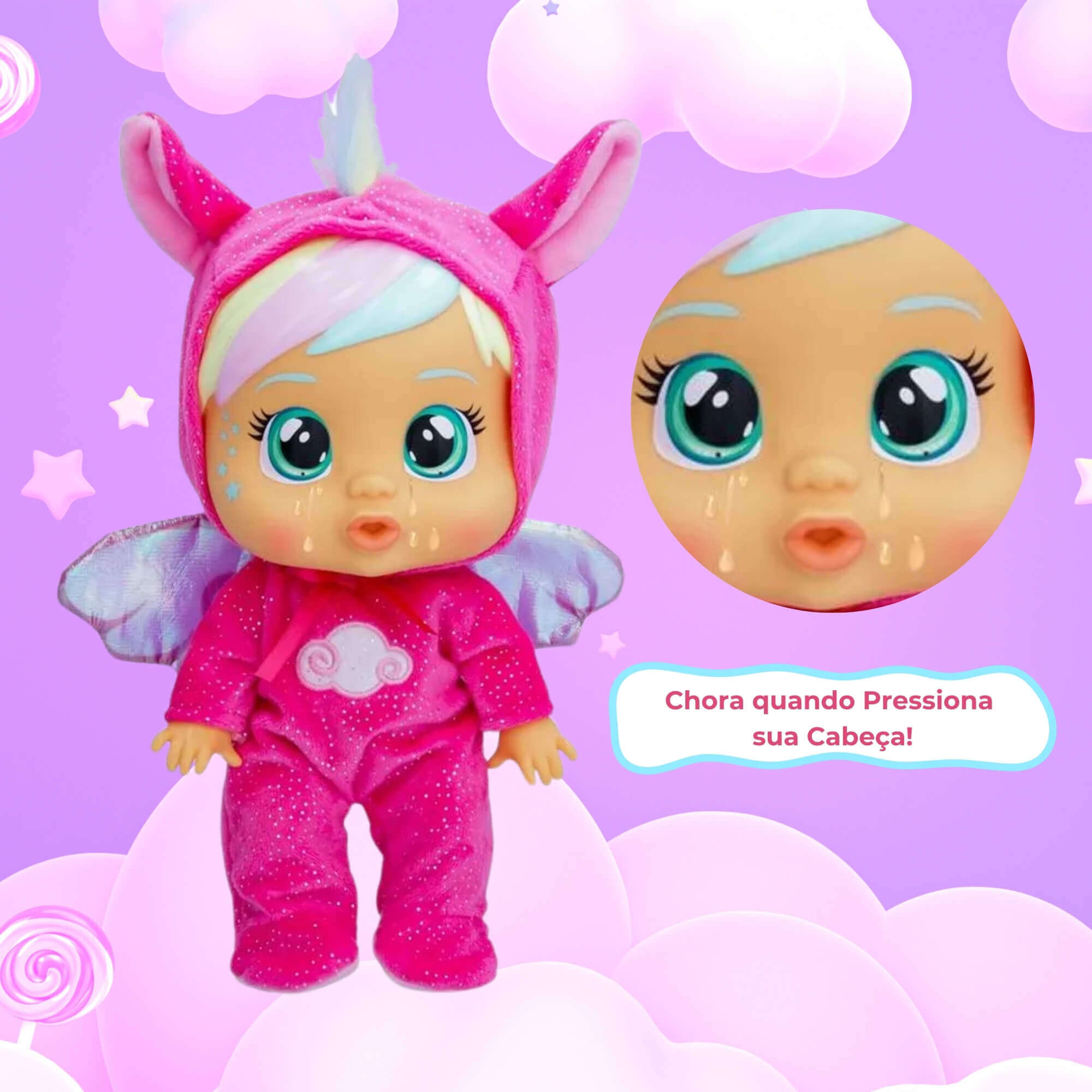 COMP Kit Boneca Cry Babies Loving Care Fitsy Dreamy + Carrinho de Passeio Cry Babies 64cm