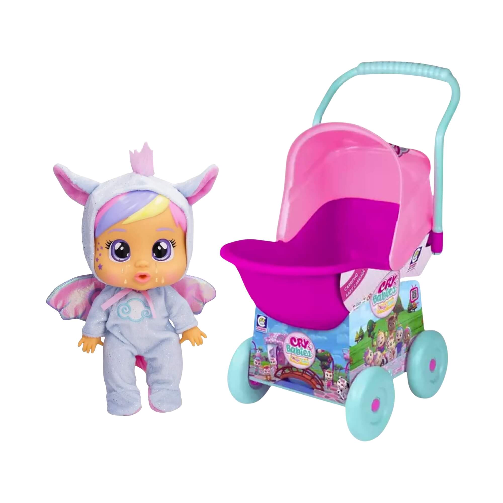 COMP Kit Boneca Cry Babies Loving Care Jenna 26cm + Carrinho de Passeio Cry Babies 64cm