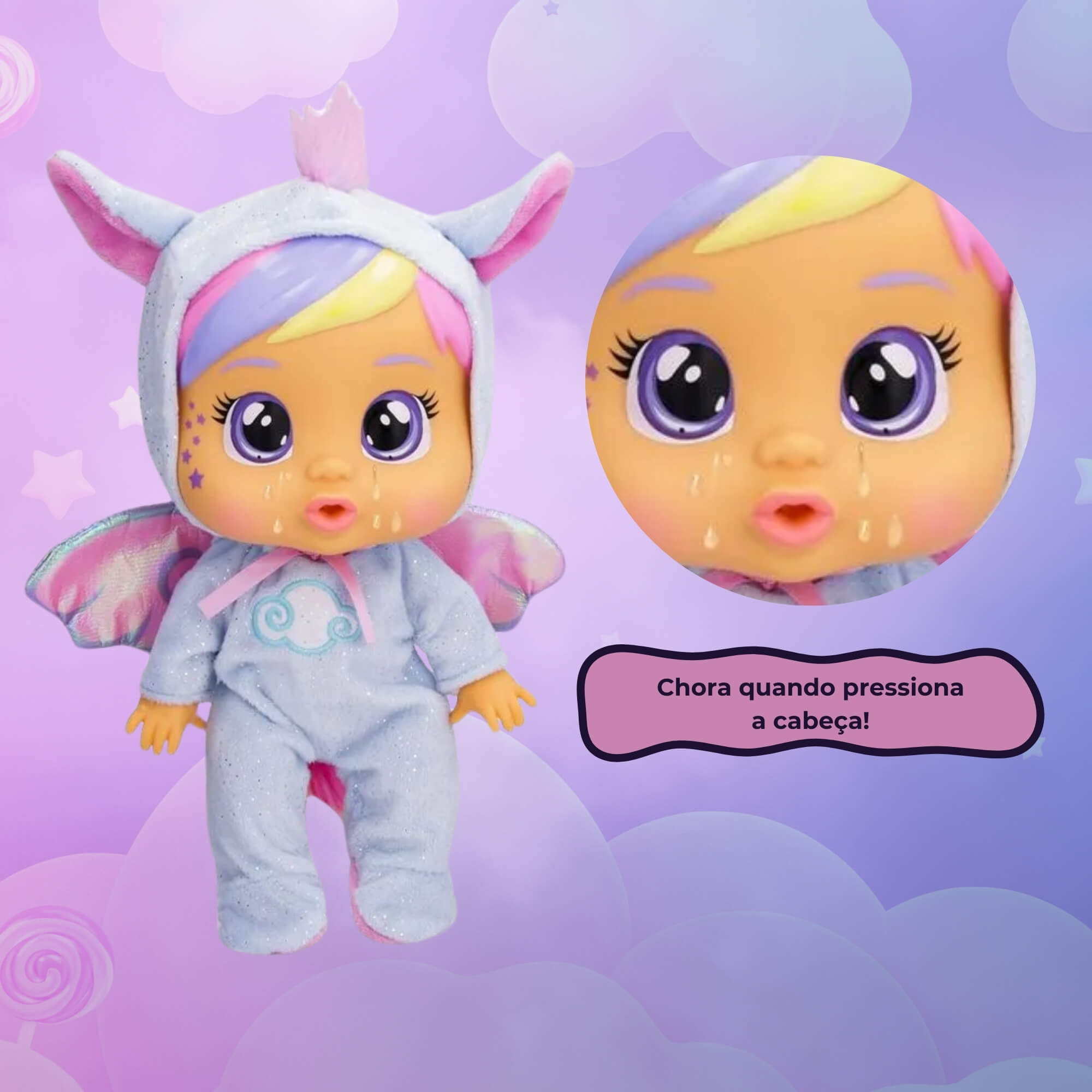 COMP Kit Boneca Cry Babies Loving Care Jenna 26cm + Carrinho de Passeio Cry Babies 64cm