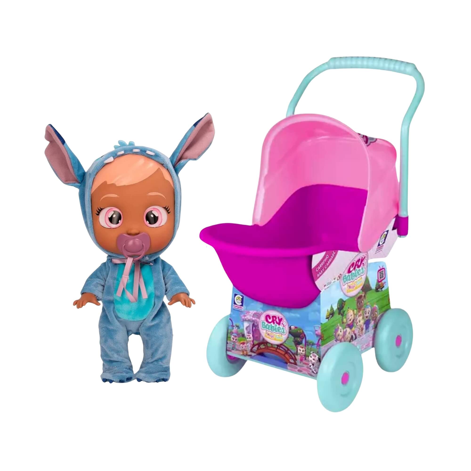 COMP Kit Boneca Cry Babies Stitch Fantasia + Carrinho de Passeio Cry Babies 64cm