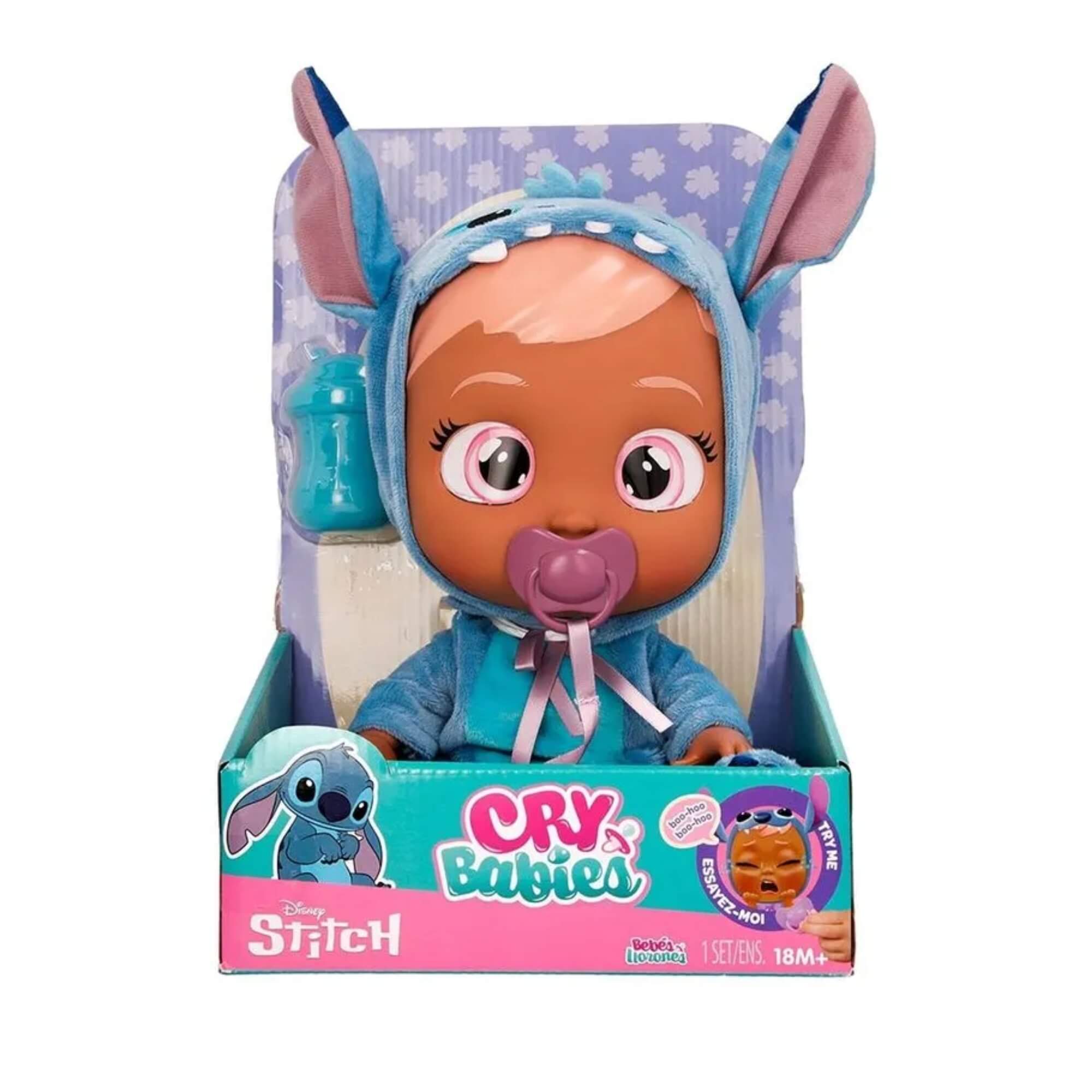 COMP Kit Boneca Cry Babies Stitch Fantasia + Carrinho de Passeio Cry Babies 64cm
