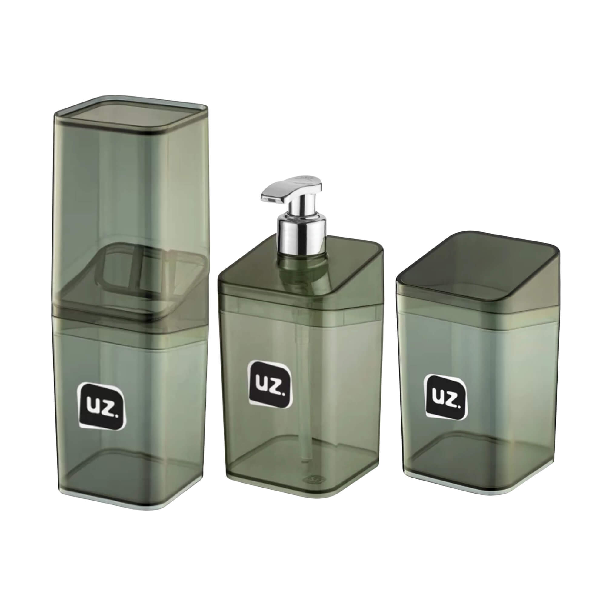 COMP Kit Porta Escova + Porta Sabonete Líquido + Porta Algodão Slim Translúcido Preto UZ
