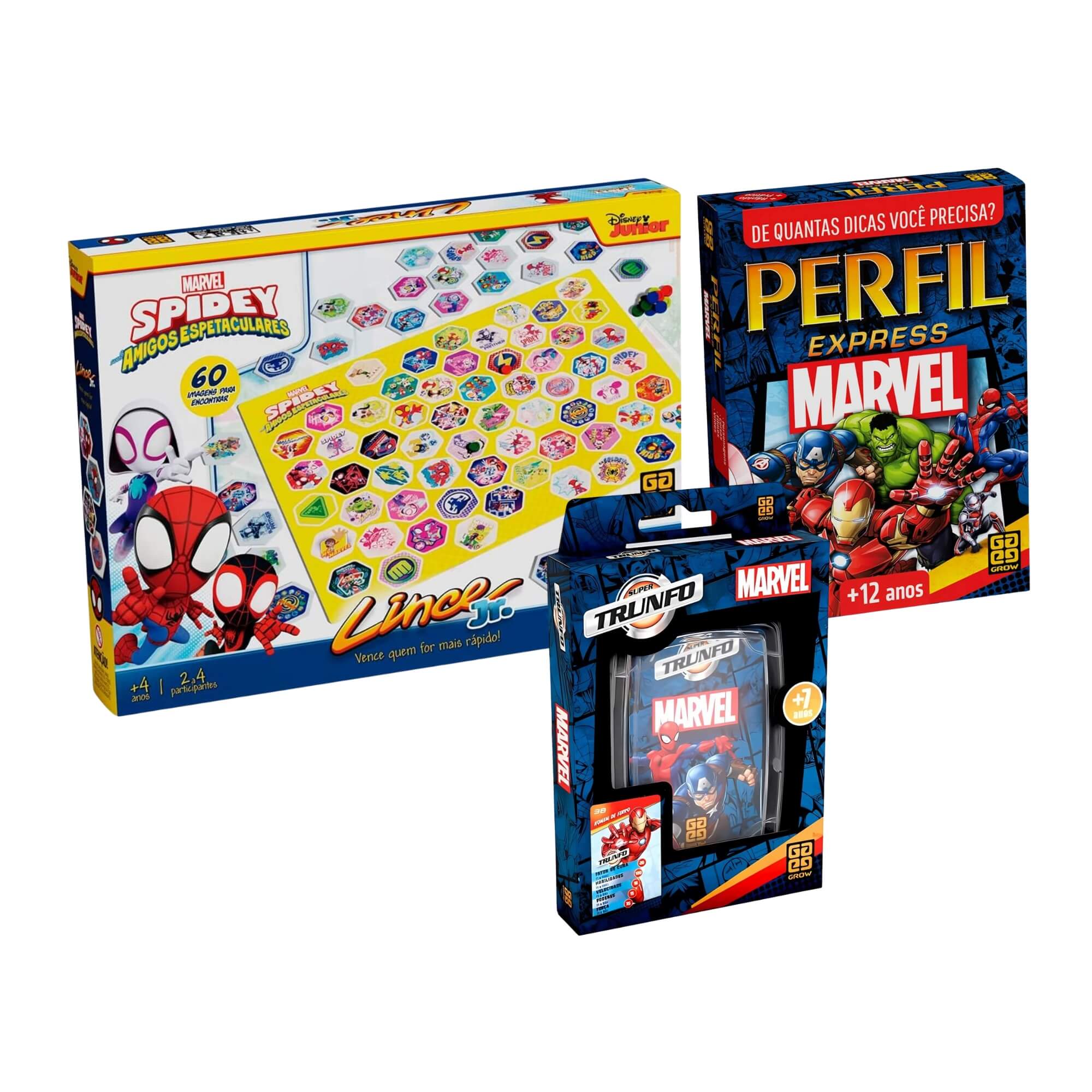 COMP Kit 3 Jogos Marvel Grow: Perfil Express + Super Trunfo + Lince Jr. Spidey Homem-Aranha