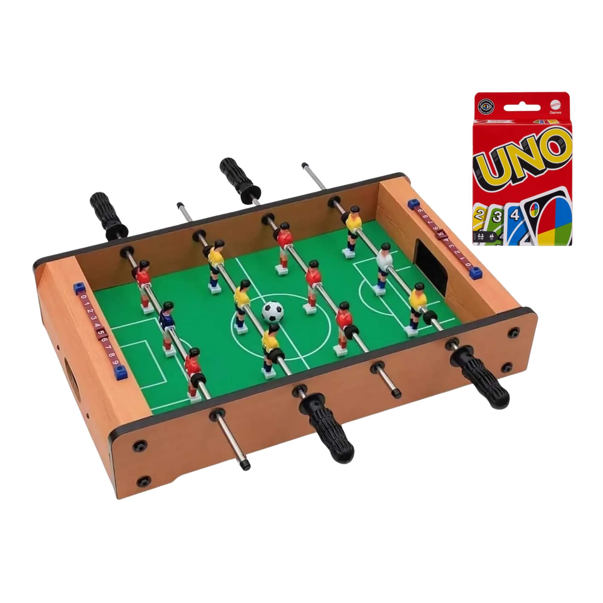 COMP Kit Mesa de Pebolim Madeira 51cm Zippy Toys + UNO Mattel Jogo de Cartas Original 112 Peças