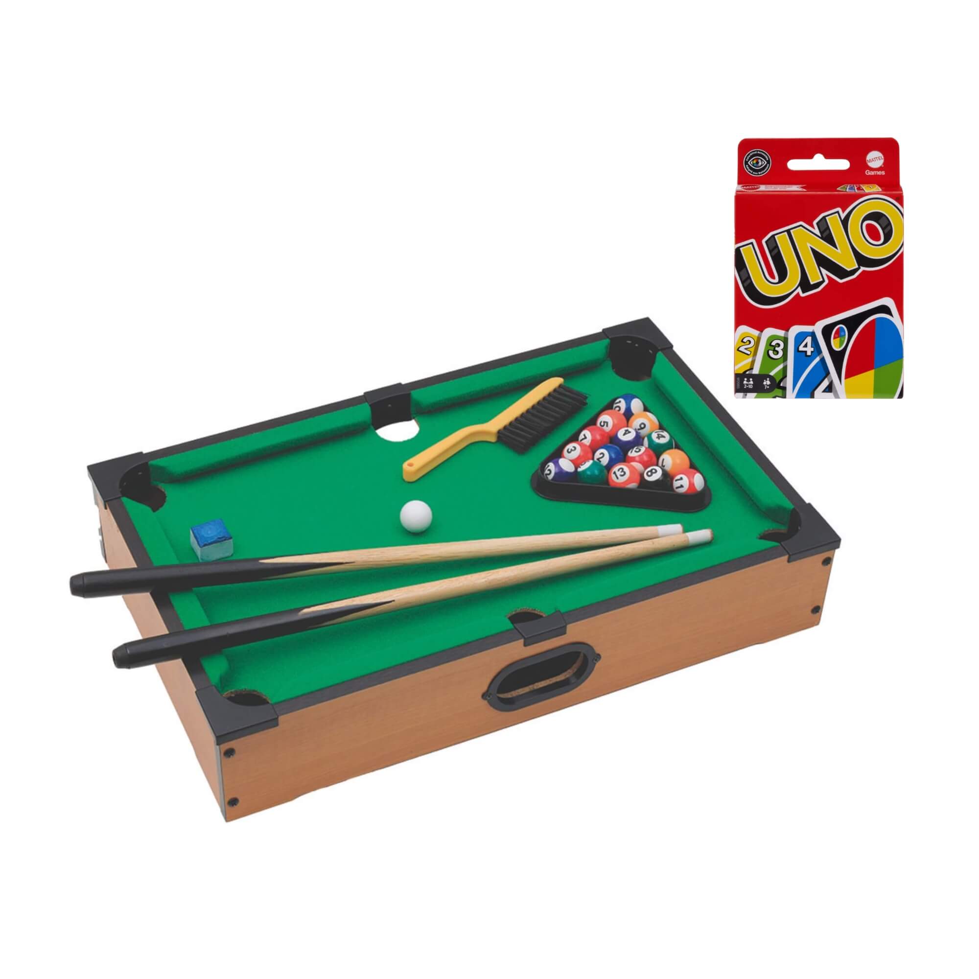 COMP Kit Mini Mesa de Sinuca Madeira Zippy Toys + Jogo de Cartas UNO Mattel Original 112 Peças