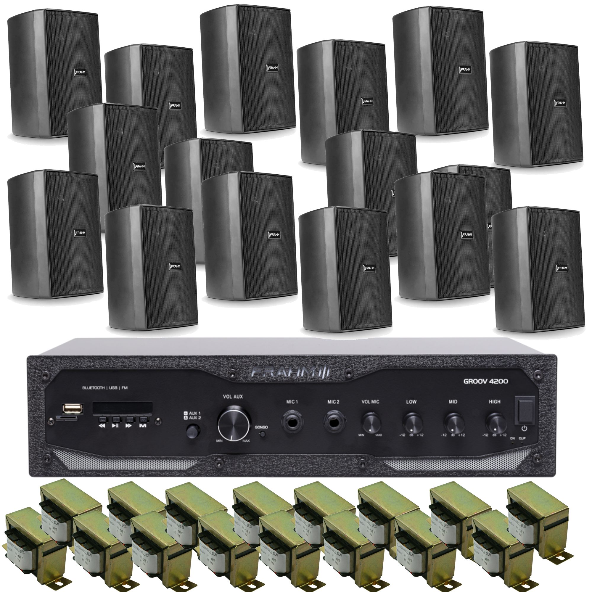 COMP Kit Amplificador GR 4200 + 16 Caixas PS 200 + 16 Trafos 700m2 Area Frahm