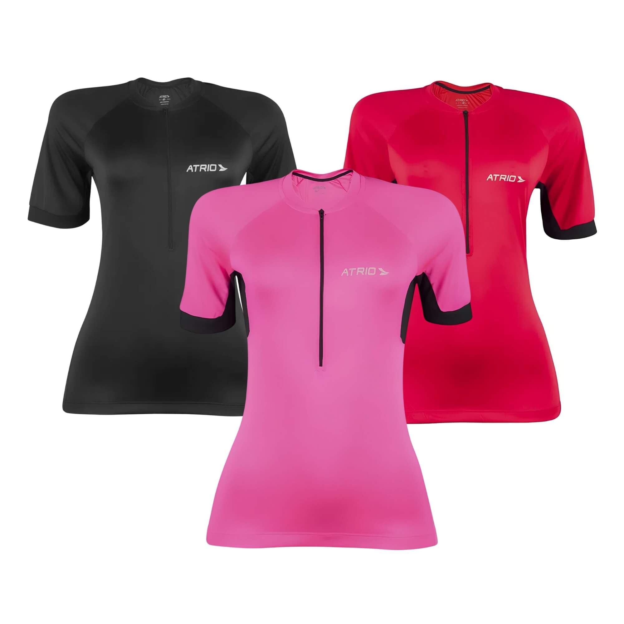 COMP Kit 3 Camisas Ciclismo Feminina Atrio PP Dryfit UV30 Rosa Magenta Preta com Bolsos e Zíper 30cm