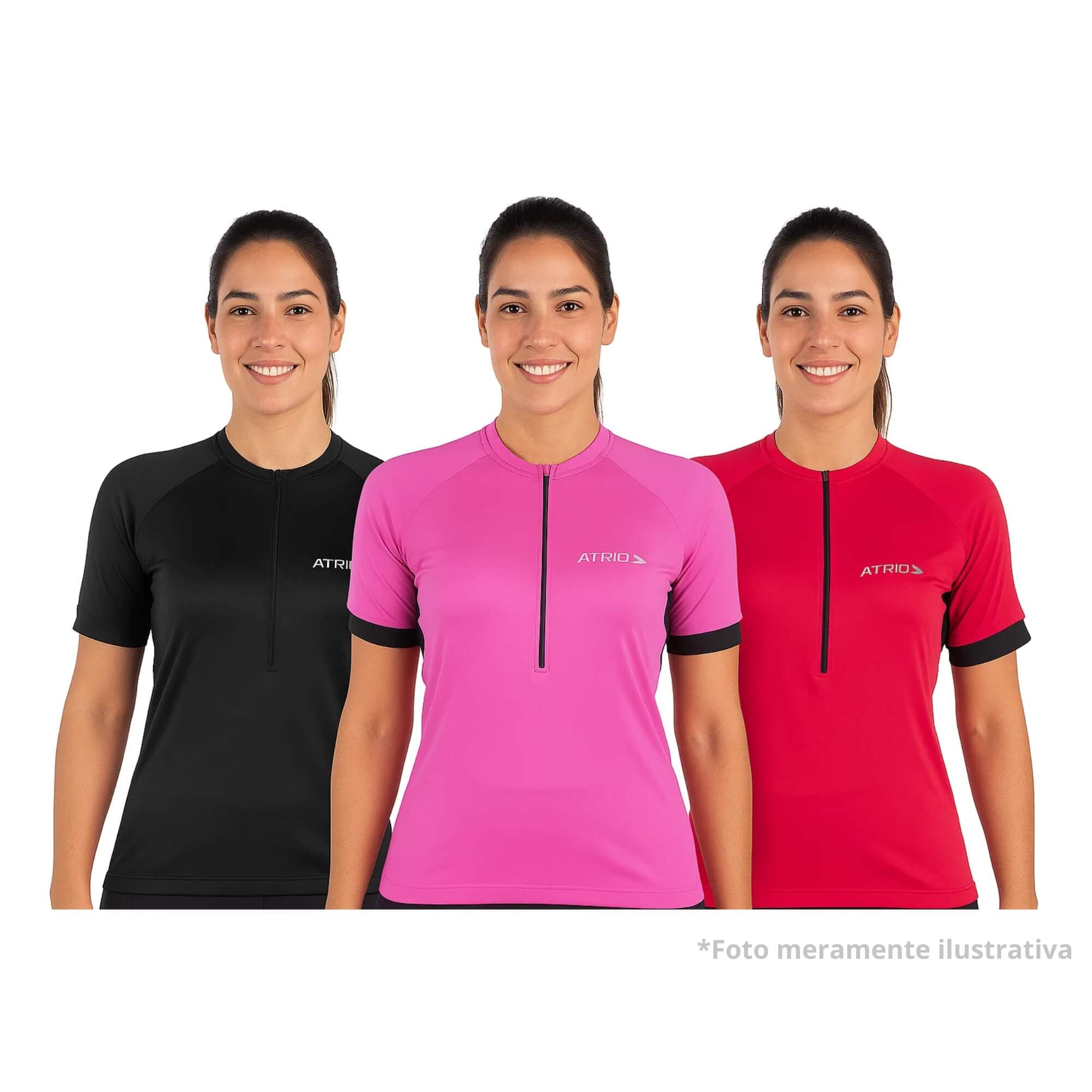 COMP Kit 3 Camisas Ciclismo Feminina Atrio PP Dryfit UV30 Rosa Magenta Preta com Bolsos e Zíper 30cm