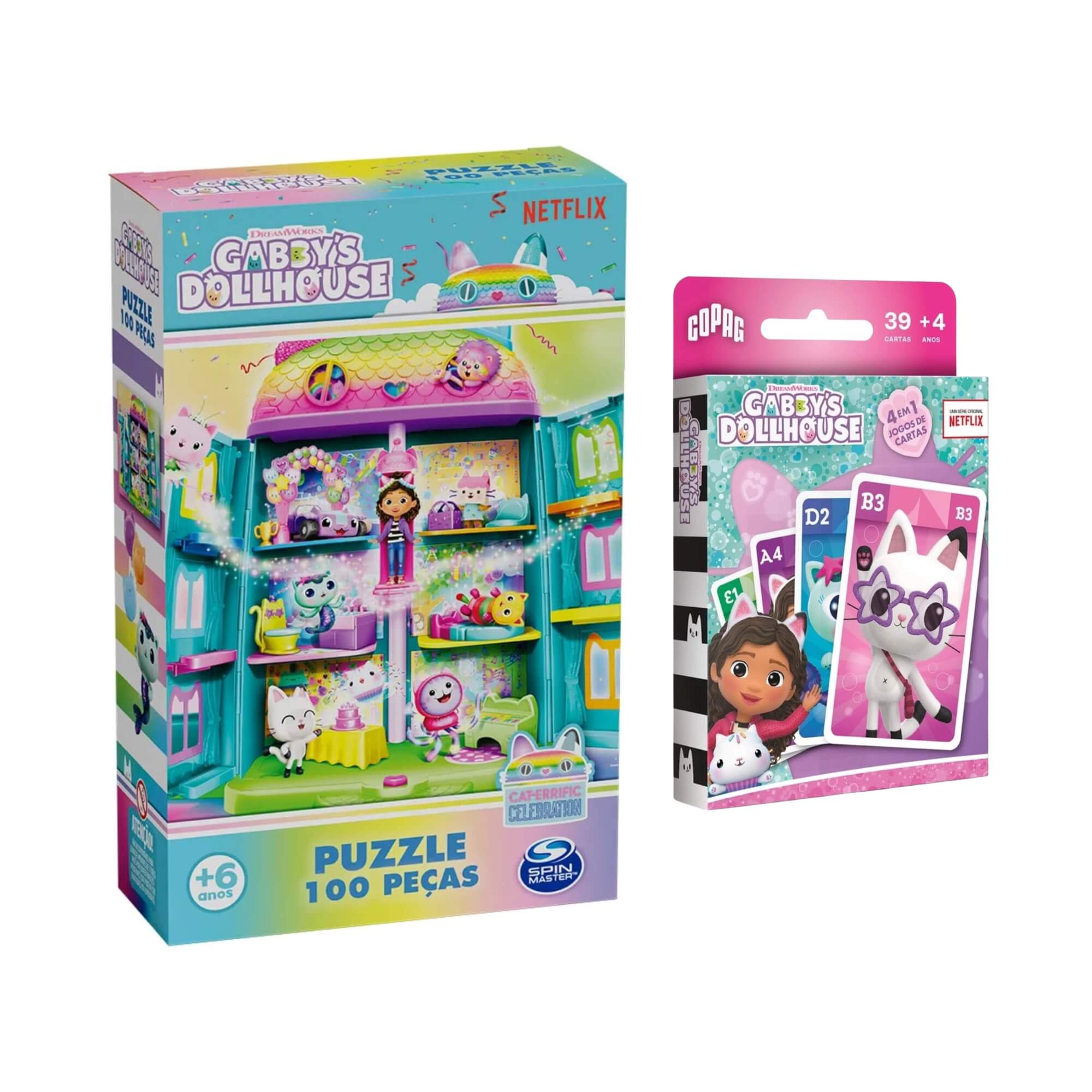 COMP Kit Gabby’s Dollhouse Quebra-Cabeça Glitter 100 Peças + Jogo de Cartas 4 em 1