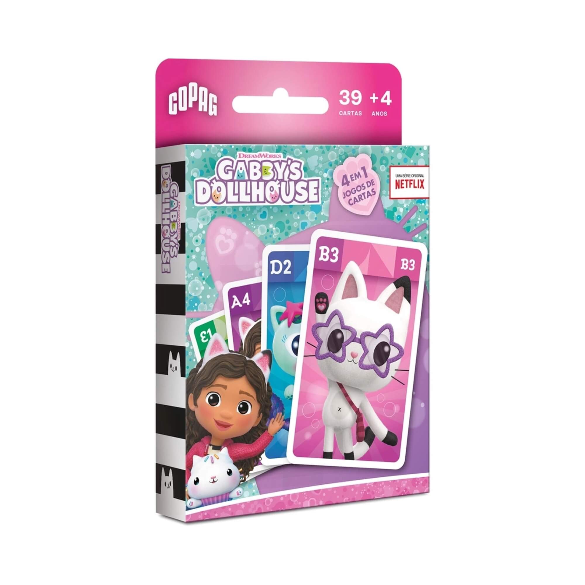 COMP Kit Gabby’s Dollhouse Quebra-Cabeça Glitter 100 Peças + Jogo de Cartas 4 em 1