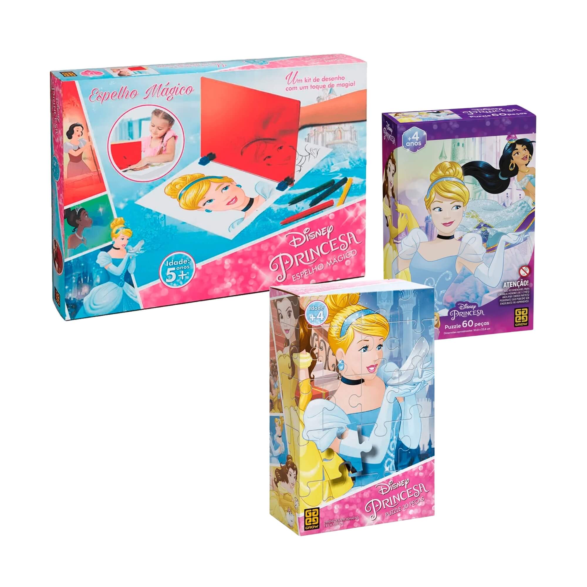 COMP Kit Princesas Disney Grow: Desenho com Espelho Mágico + 2 Quebra-Cabeças 30 e 60 Peças