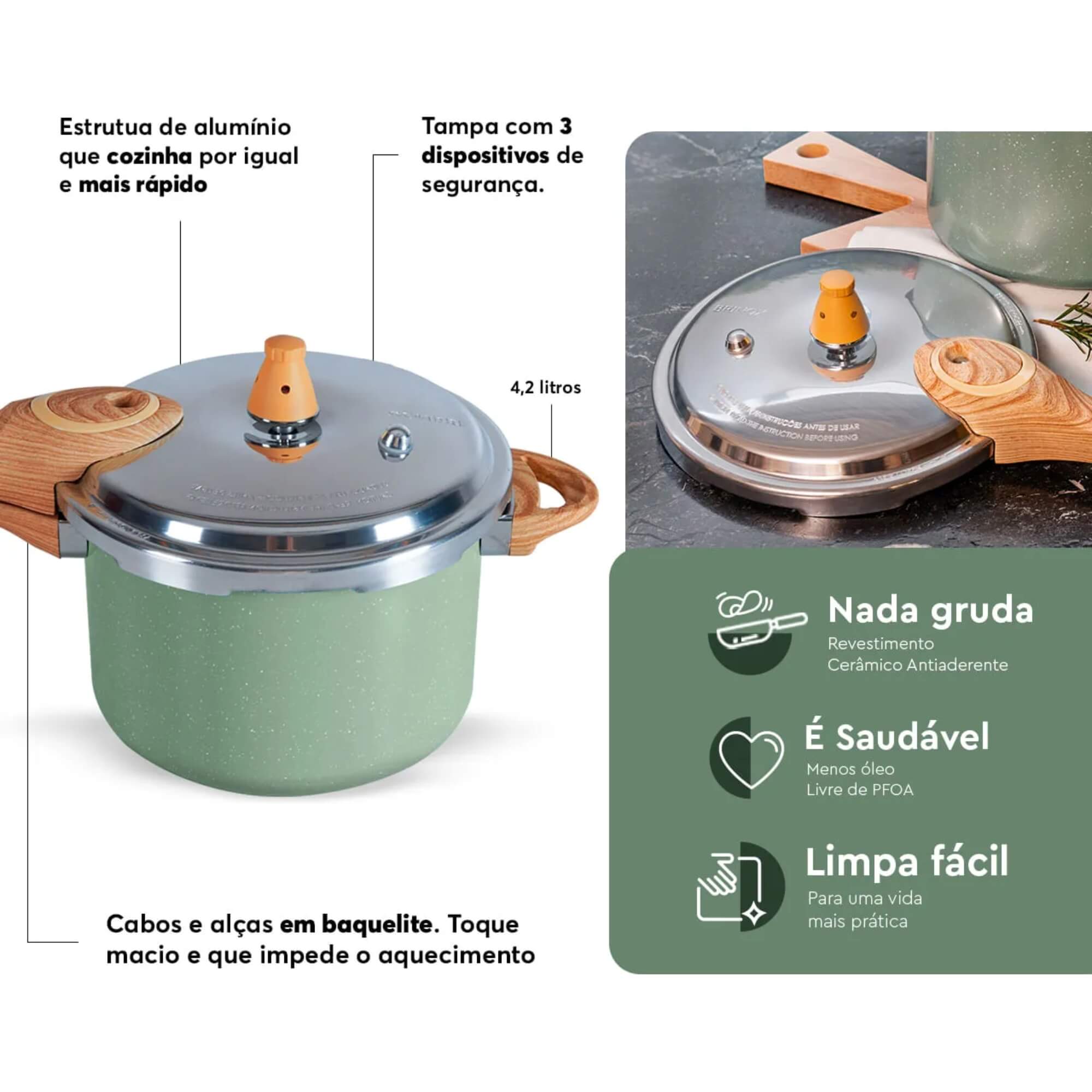 Panela de Pressão Indução Pressure Antiaderente Ceramic Life 4,2 Litros Botanika Verde Brinox - 4952/108 (N/A)