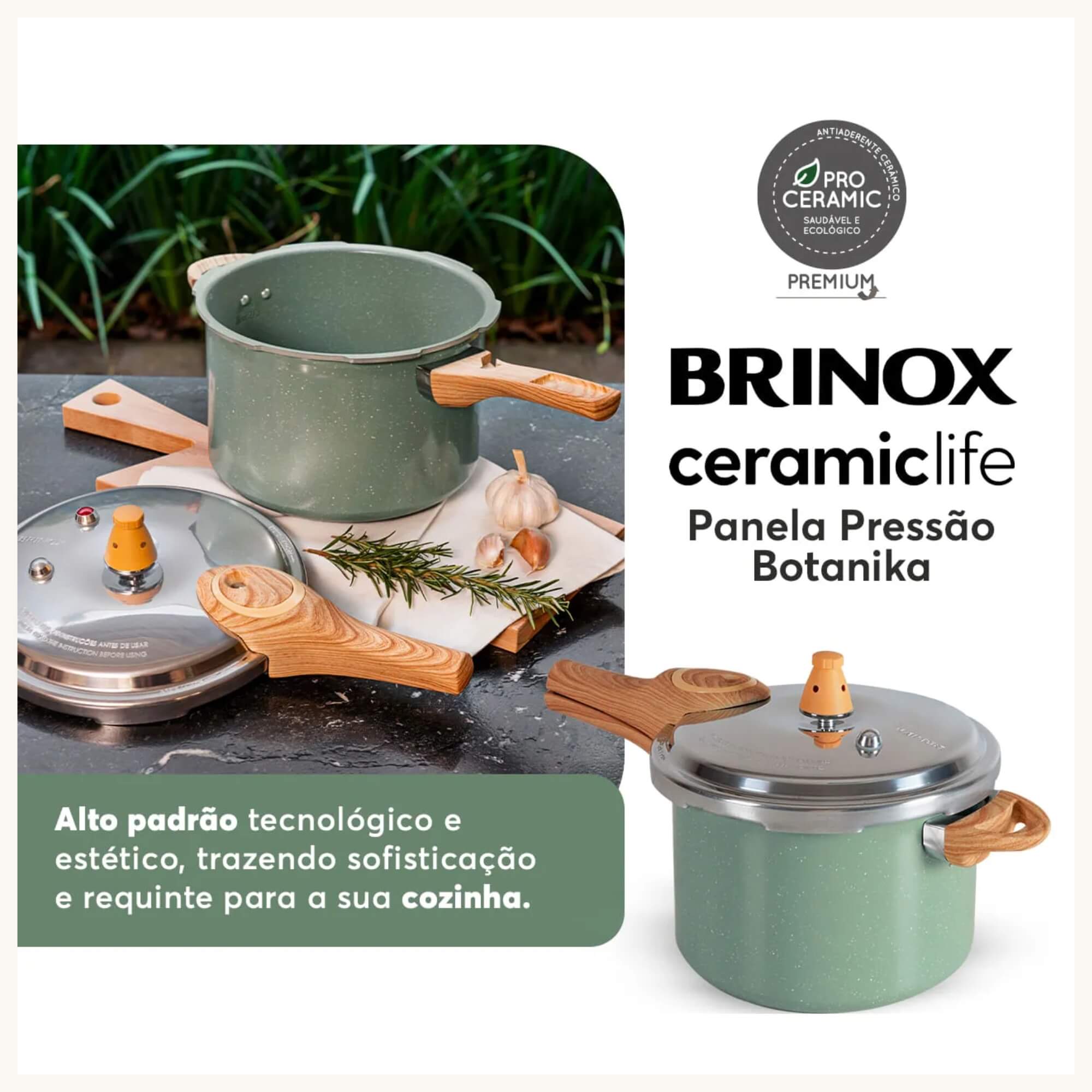 Panela de Pressão Indução Pressure Antiaderente Ceramic Life 4,2 Litros Botanika Verde Brinox - 4952/108 (N/A)