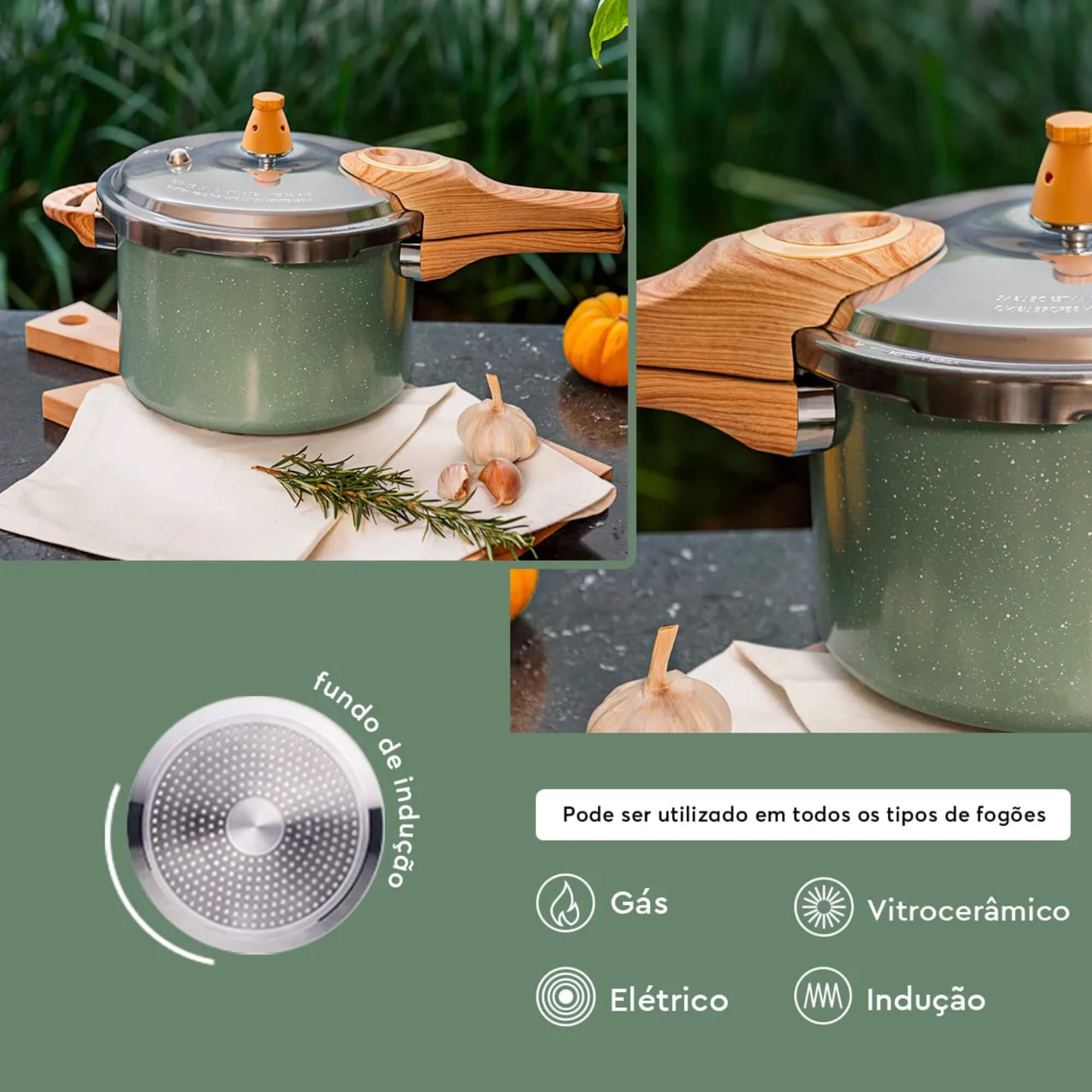 Panela de Pressão Indução Pressure Antiaderente Ceramic Life 4,2 Litros Botanika Verde Brinox - 4952/108 (N/A)