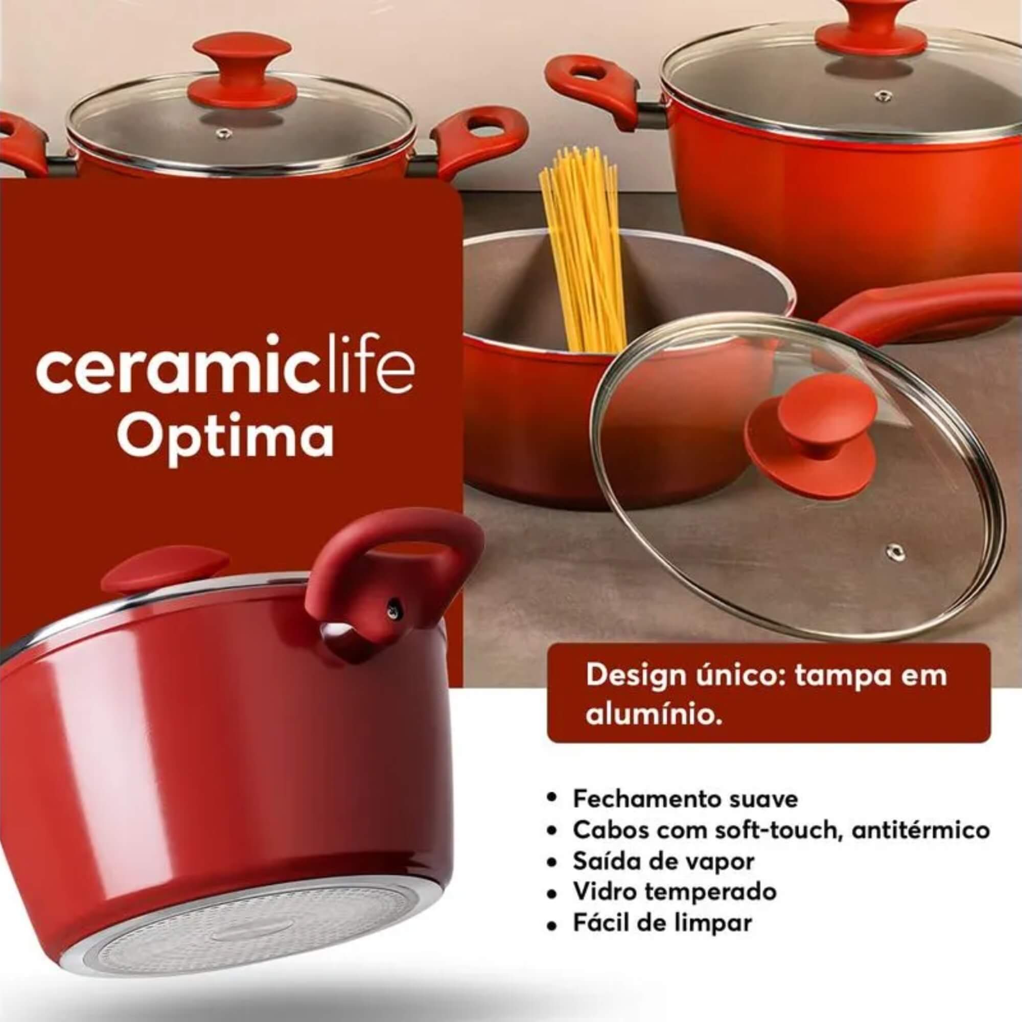 Jogo de Panelas Antiaderente Optima Ceramic Life 5 Peças c/ Indução Vermelho Carmin Brinox - 4799/100