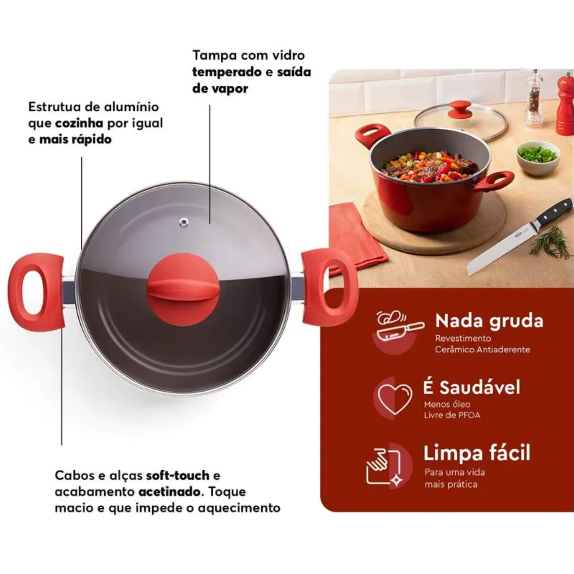 Jogo de Panelas Antiaderente Optima Ceramic Life 5 Peças c/ Indução Vermelho Carmin Brinox - 4799/100