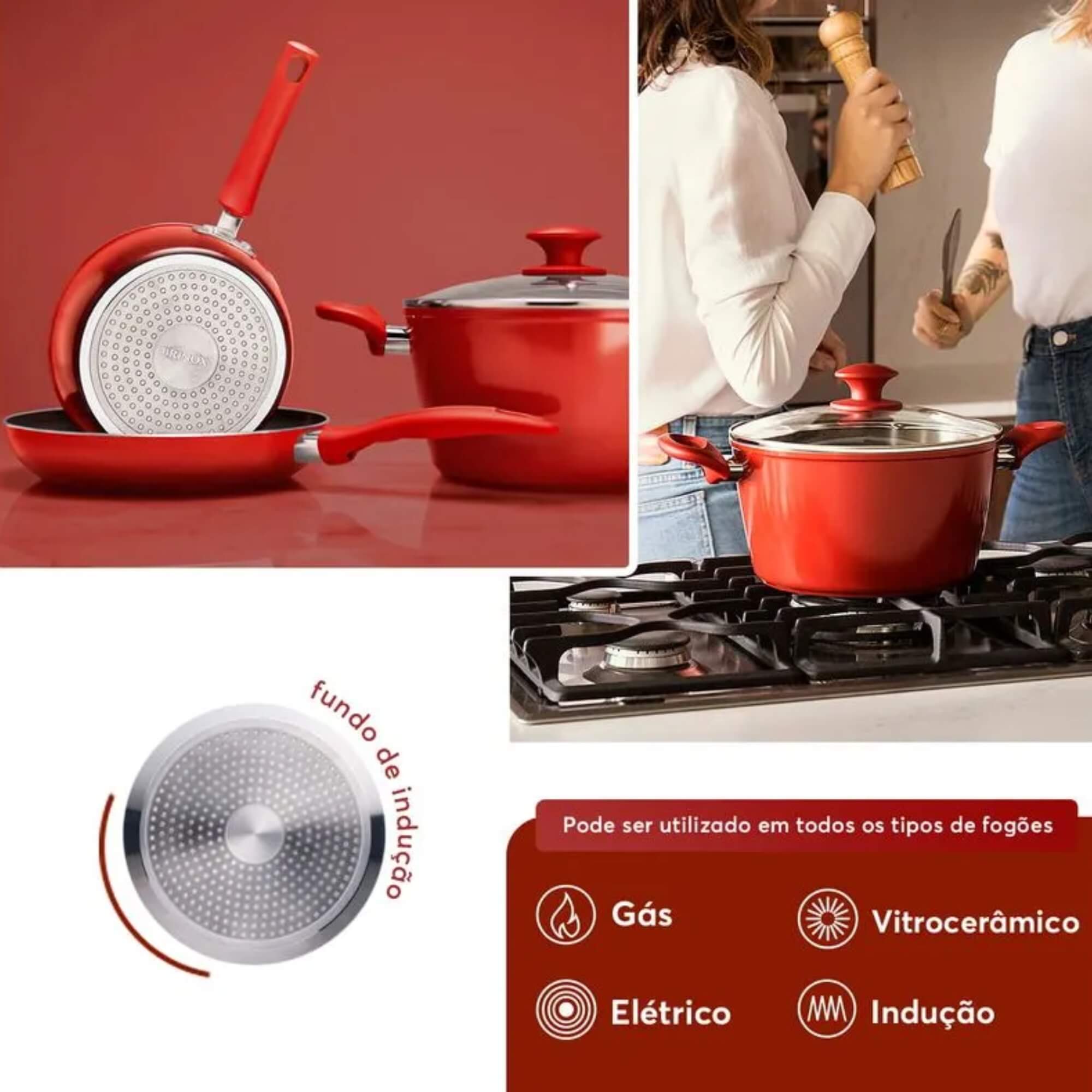 Jogo de Panelas Antiaderente Optima Ceramic Life 5 Peças c/ Indução Vermelho Carmin Brinox - 4799/100