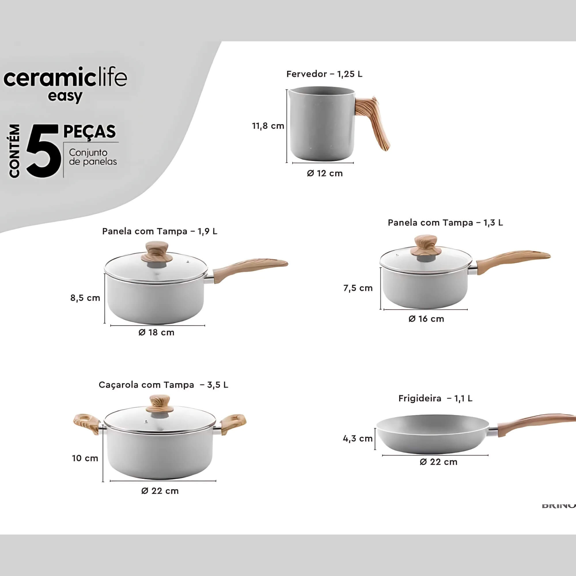 Jogo de Panelas Antiaderente Ceramic Life 5 Peças Easy Gris Brinox - 4789/126