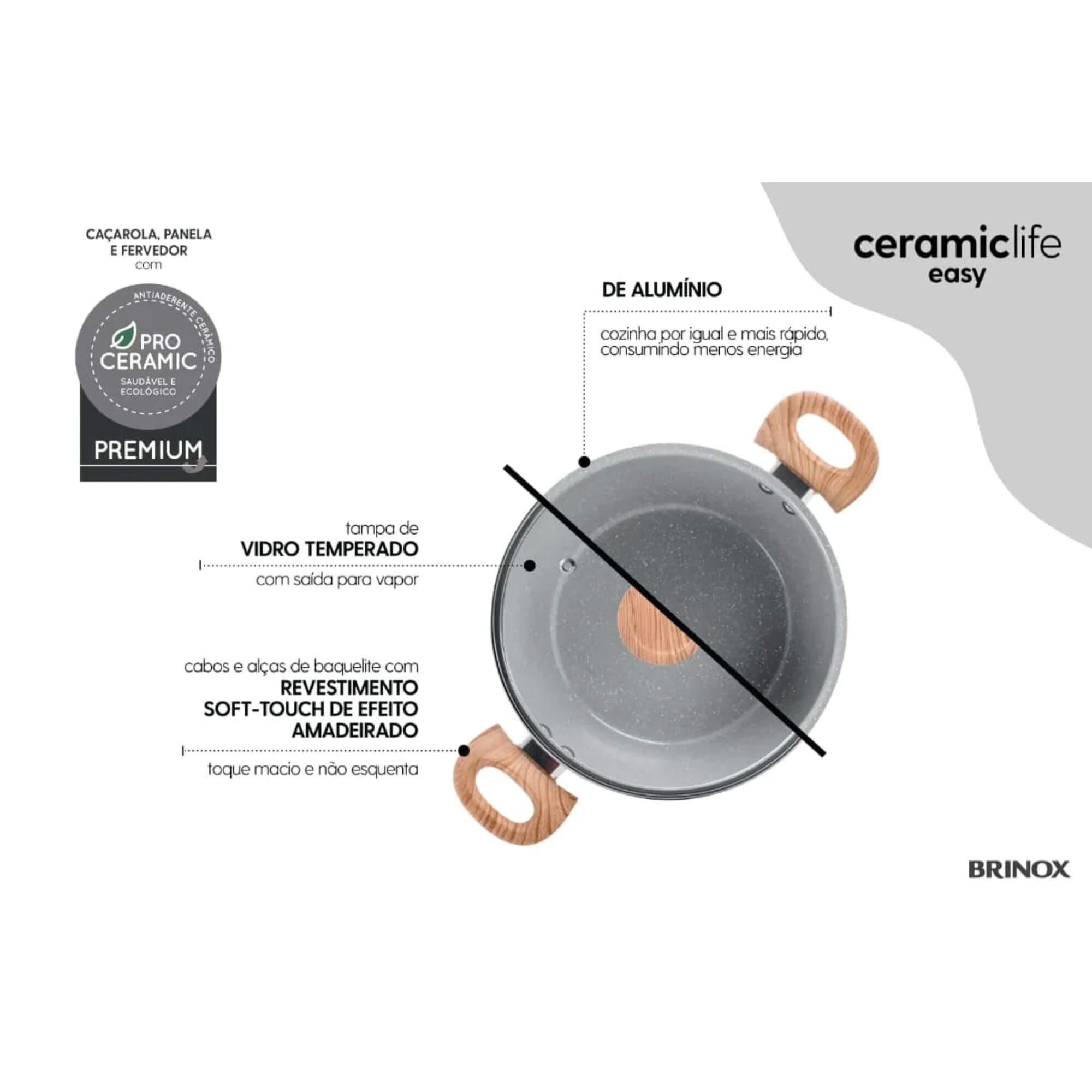 Jogo de Panelas Antiaderente Ceramic Life 5 Peças Easy Gris Brinox - 4789/126