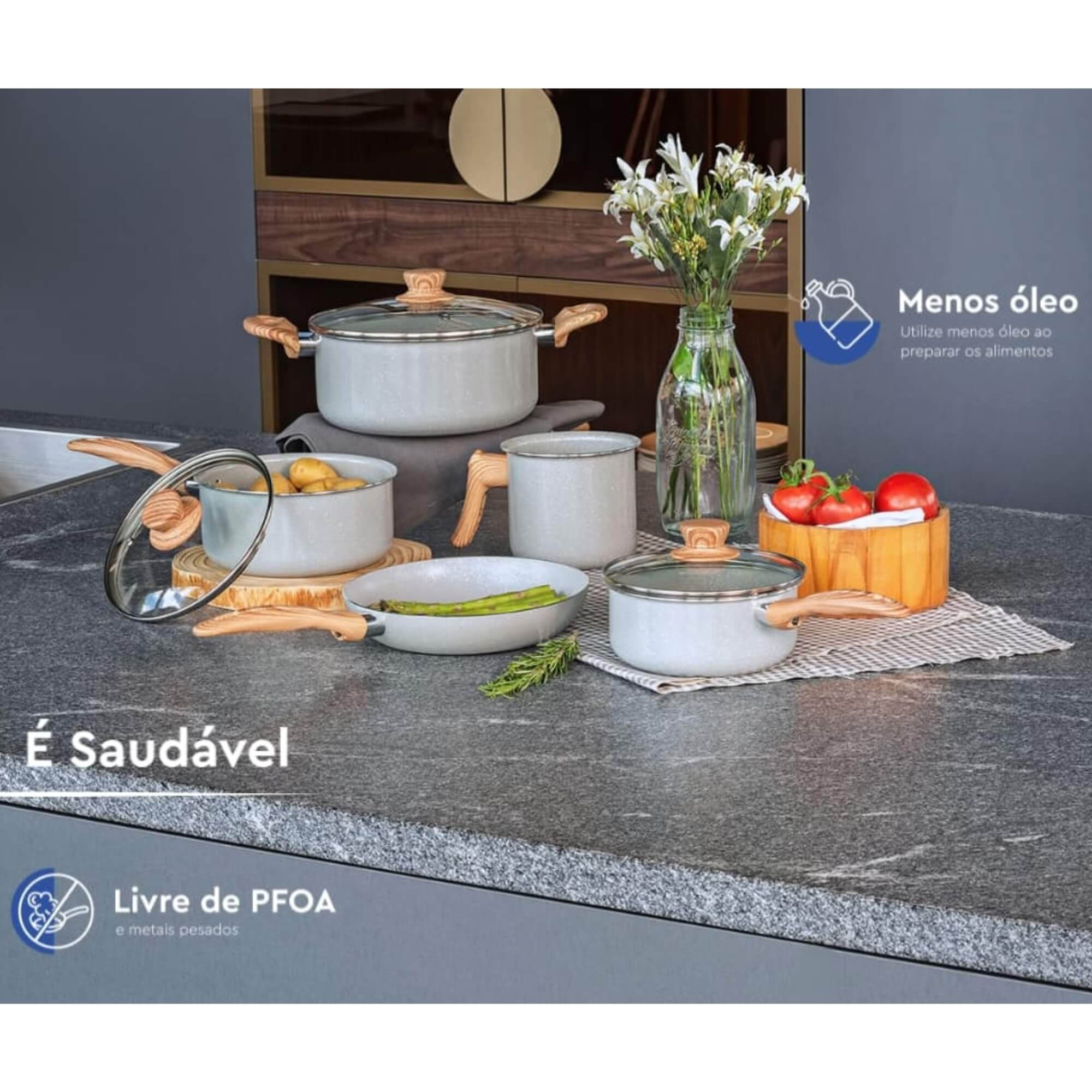 Jogo de Panelas Antiaderente Ceramic Life 5 Peças Easy Gris Brinox - 4789/126