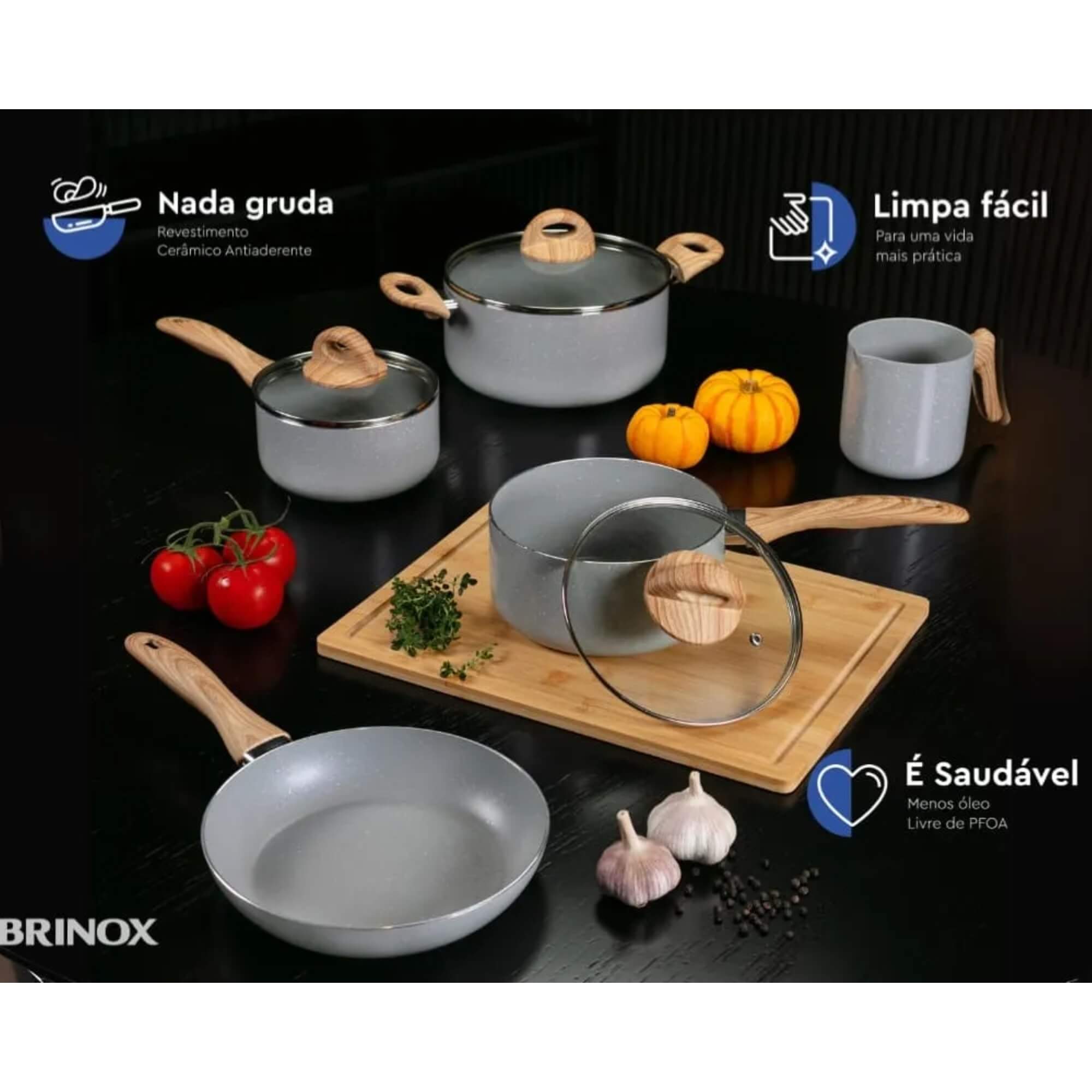 Jogo de Panelas Antiaderente Ceramic Life 5 Peças Easy Gris Brinox - 4789/126