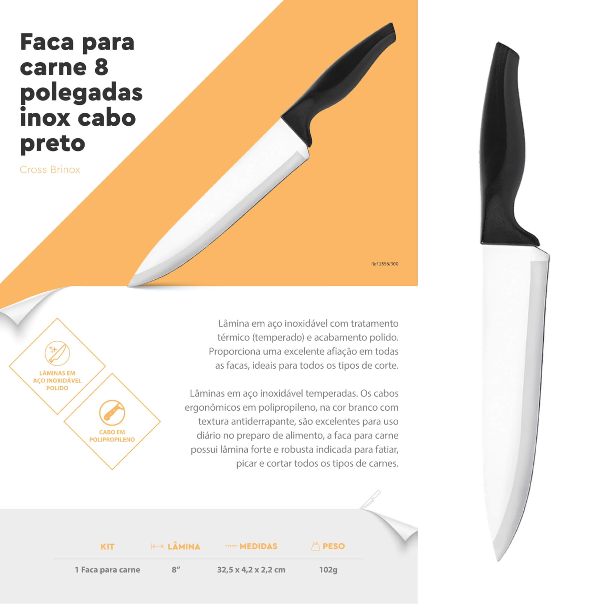 Faca p/ Carne ideal para todos os preparos 8" (32,5 cm) inox cabo preto Brinox - 2556/300