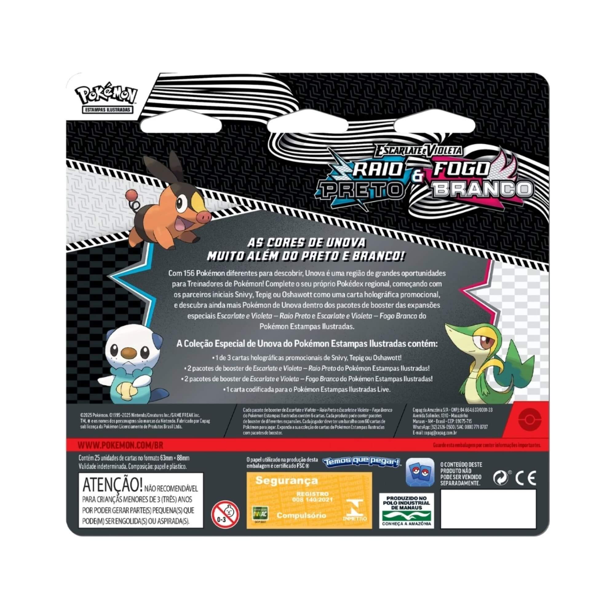 Pokemon 3x Blister Quadruplo Fogo Branco e Raio Preto Snivy, Tepig, Oshawott Copag - 35899
