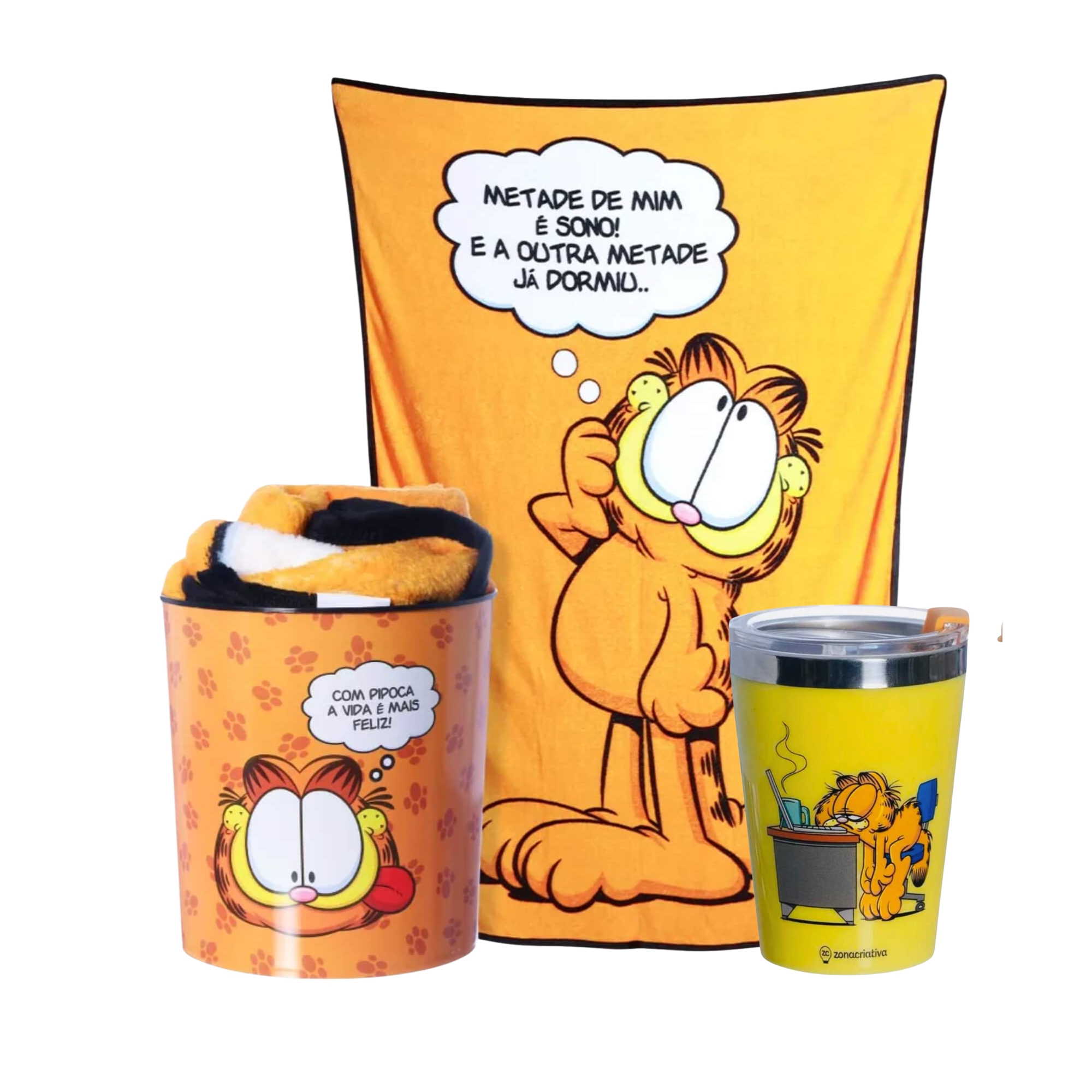 COMP Kit Sessão Cinema Manta + Balde 5L + Copo Viagem Garfield Aço Inox Zona Criativa