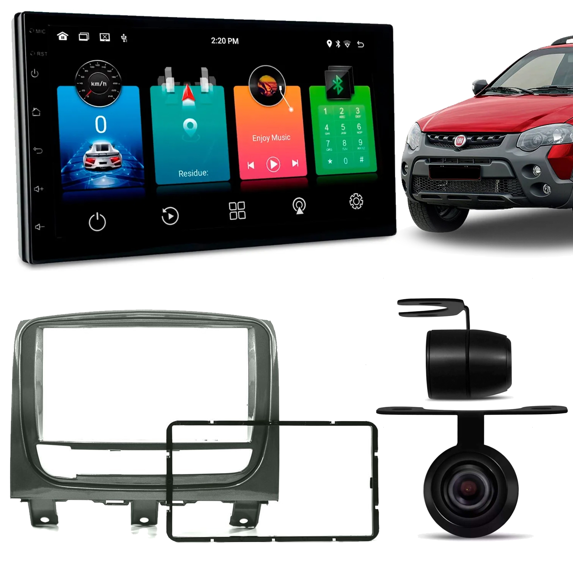 COMP Kit Multimídia Android 10.1 7Pol Bluetooth WiFi GPS USB + Moldura Strada 2013 Preta + Câmera de ré