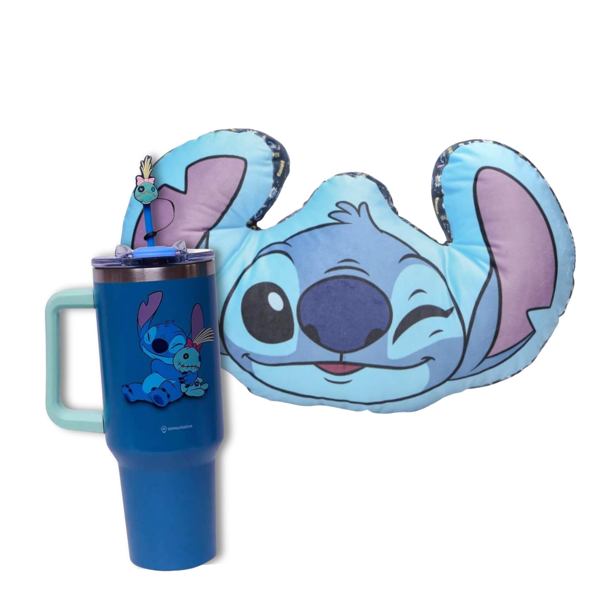 COMP Kit Stitch Almofada Formato + Copo Térmico Inox 1,15L Tumbler Zona Criativa Disney