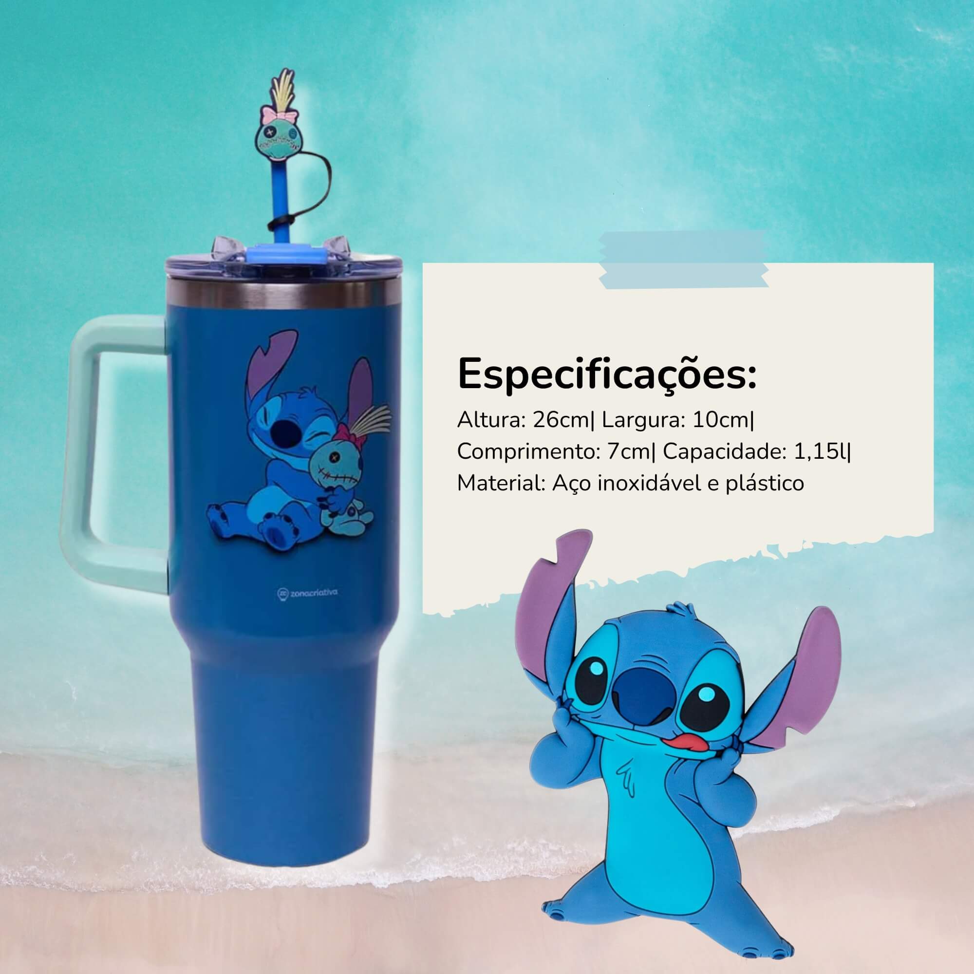 COMP Kit Stitch Almofada Formato + Copo Térmico Inox 1,15L Tumbler Zona Criativa Disney
