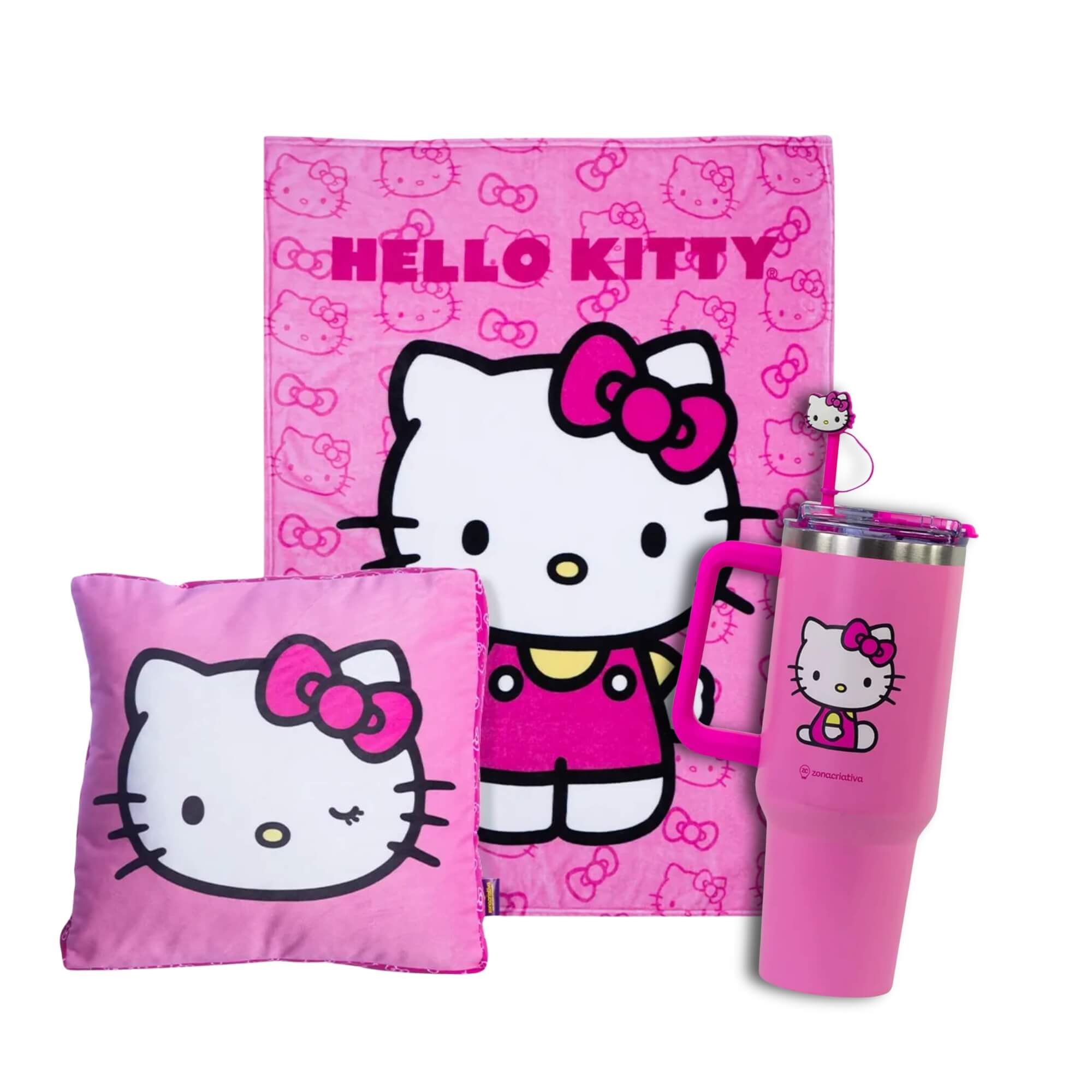 COMP Kit Hello Kitty Almofada + Manta 1,20x1,60 + Copo Térmico Inox 1,15L Zona Criativa