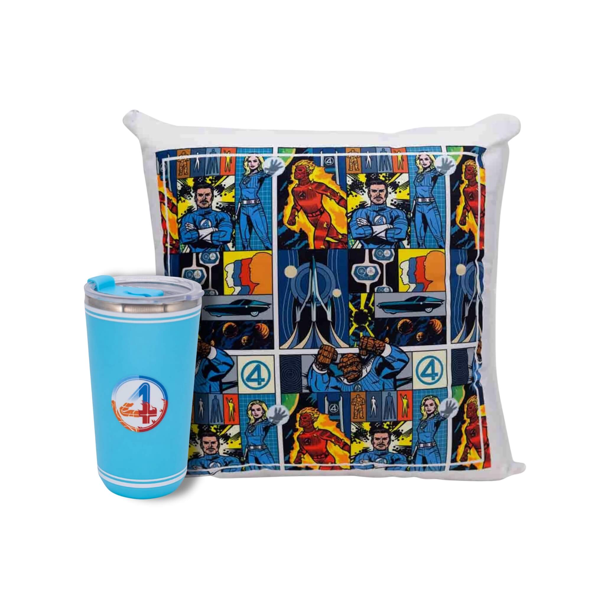 COMP Kit Marvel Quarteto Fantástico Almofada 40x40 + Copo Sky Inox 500ml Zona Criativa