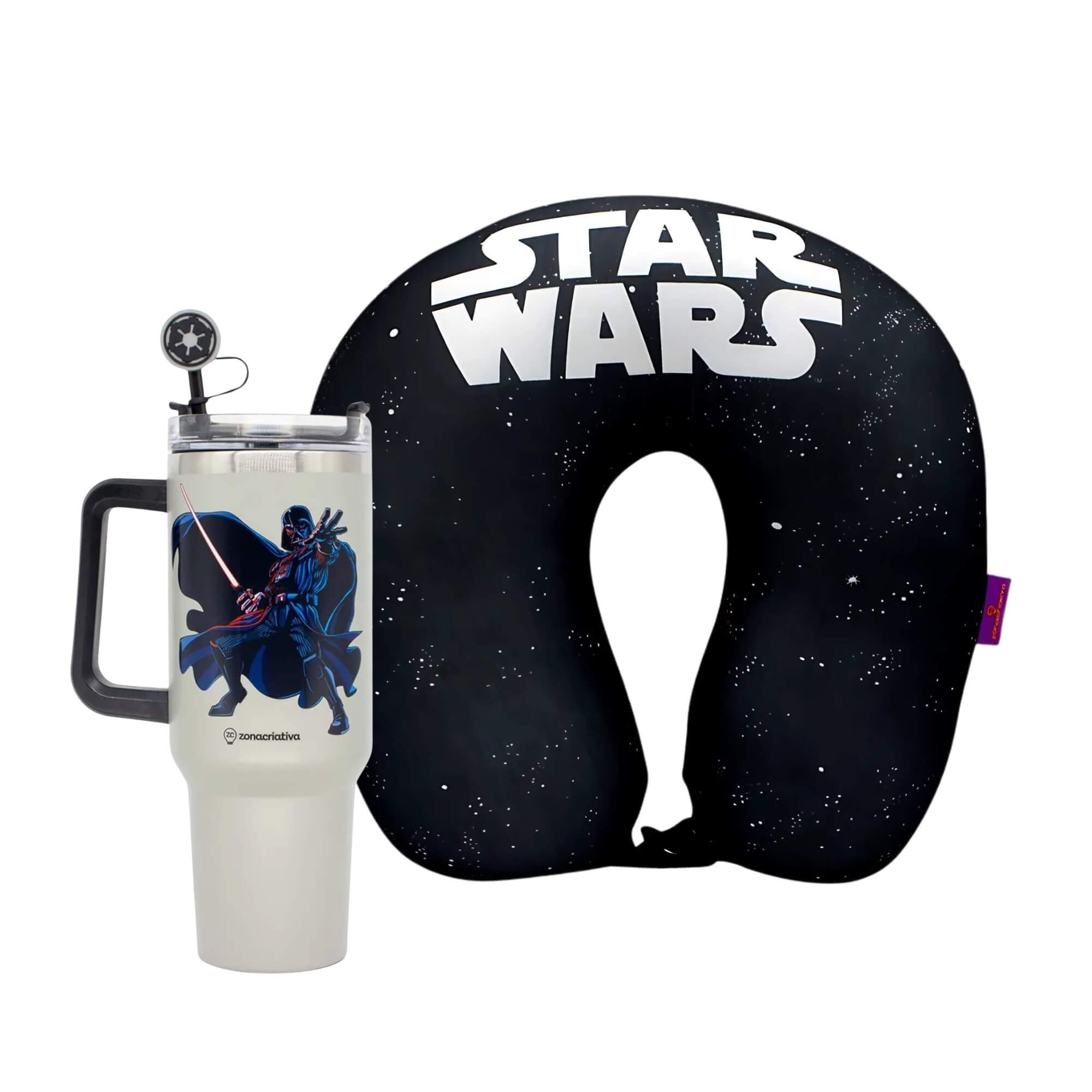 COMP Kit Star Wars Copo Térmico Tumbler 700ml + Almofada Pescoço Micropérolas Zona Criativa