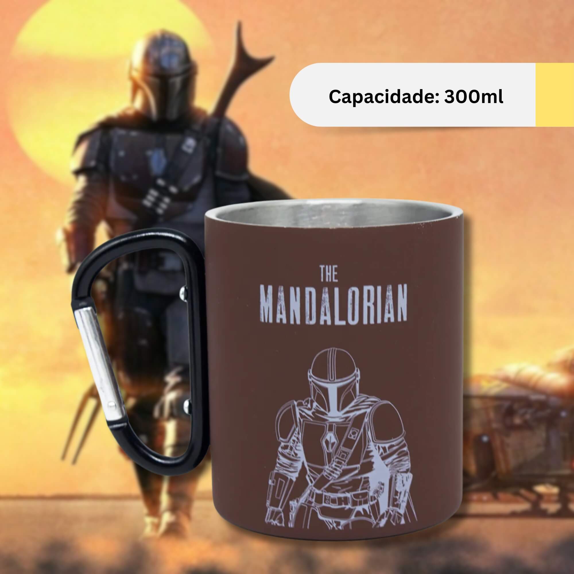 COMP Kit 2 Canecas Inox Mosquetão 300ml Baby Yoda + Mandalorian Star Wars Zona Criativa