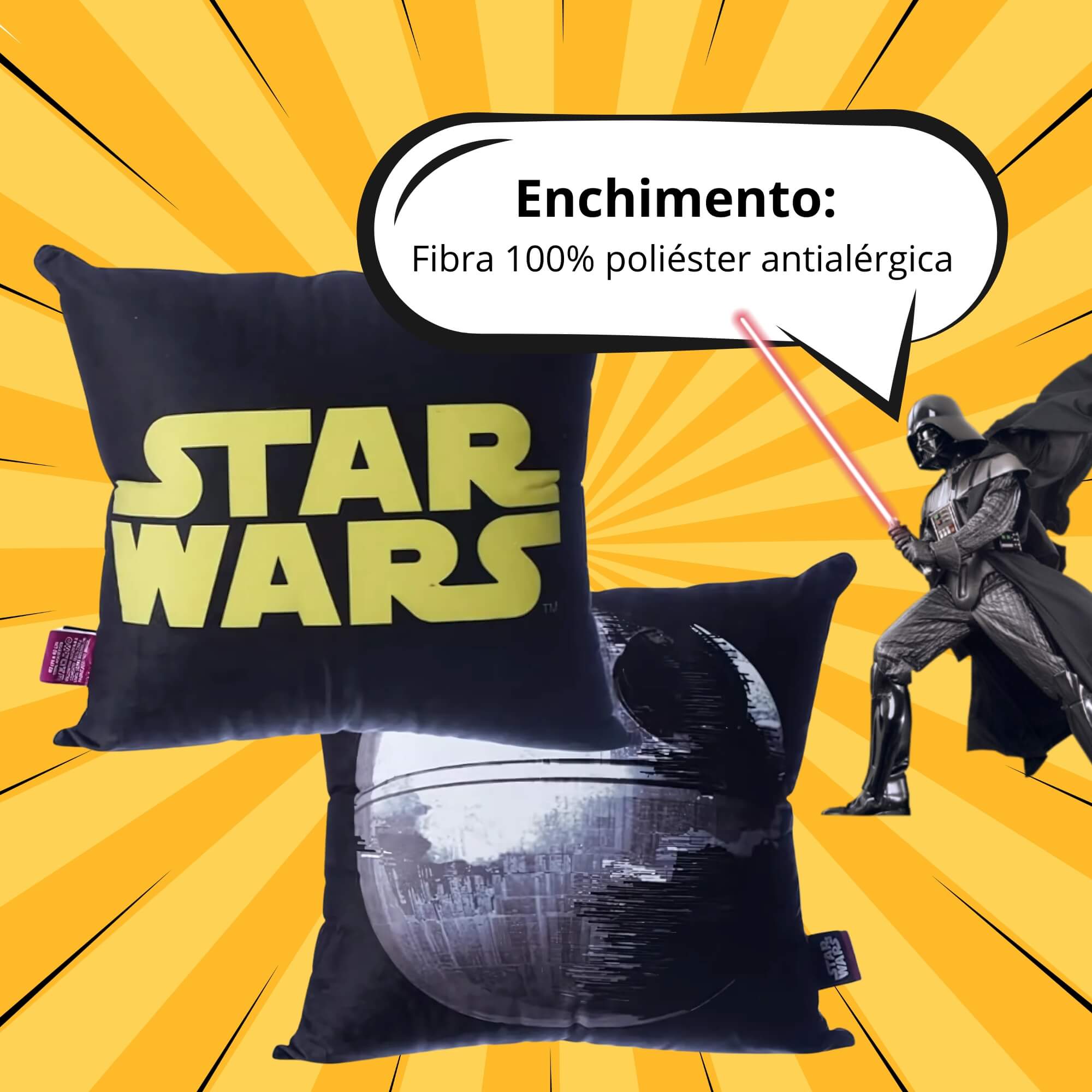 COMP Kit Star Wars Almofada 40x40 Fibra Veludo + Garrafa Térmica 700ml Click Zona Criativa