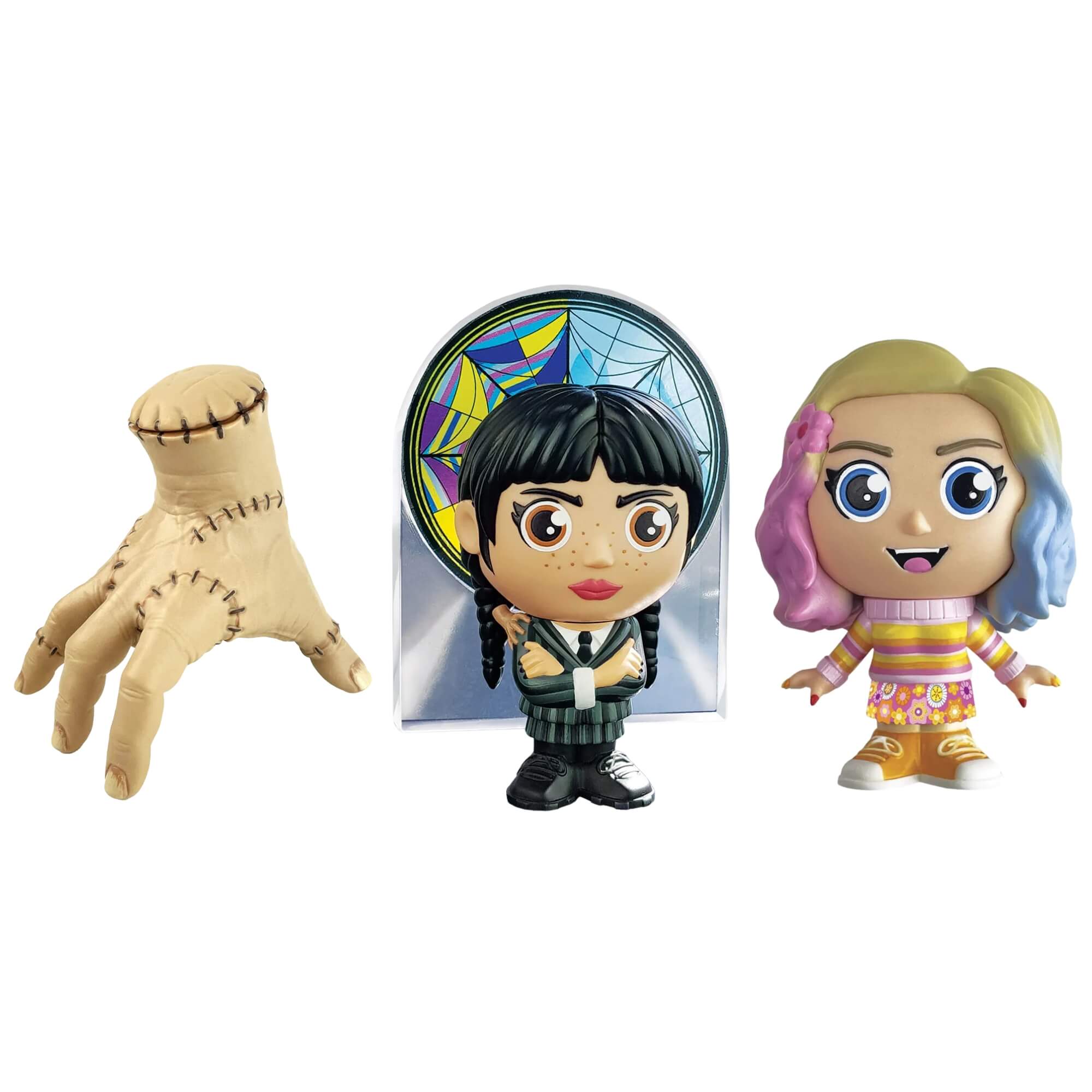 COMP Kit Bonecos Wandinha Vitral + Enid + Mãozinha Fandom Box Série Netflix Lider