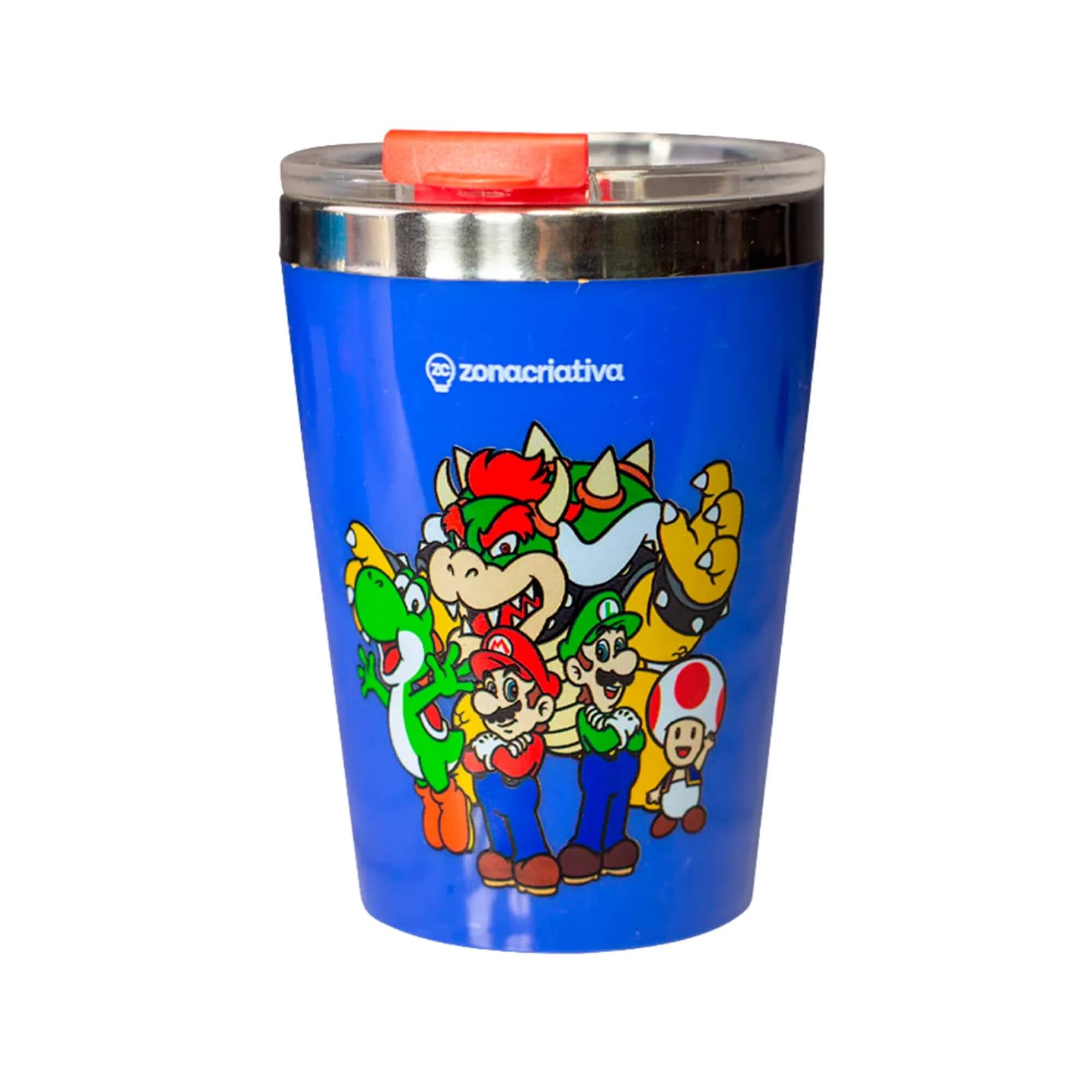 COMP Kit Copo Térmico 300ml Mario e Amigos + Almofada 40x40cm Mario e Luigi Zona Criativa