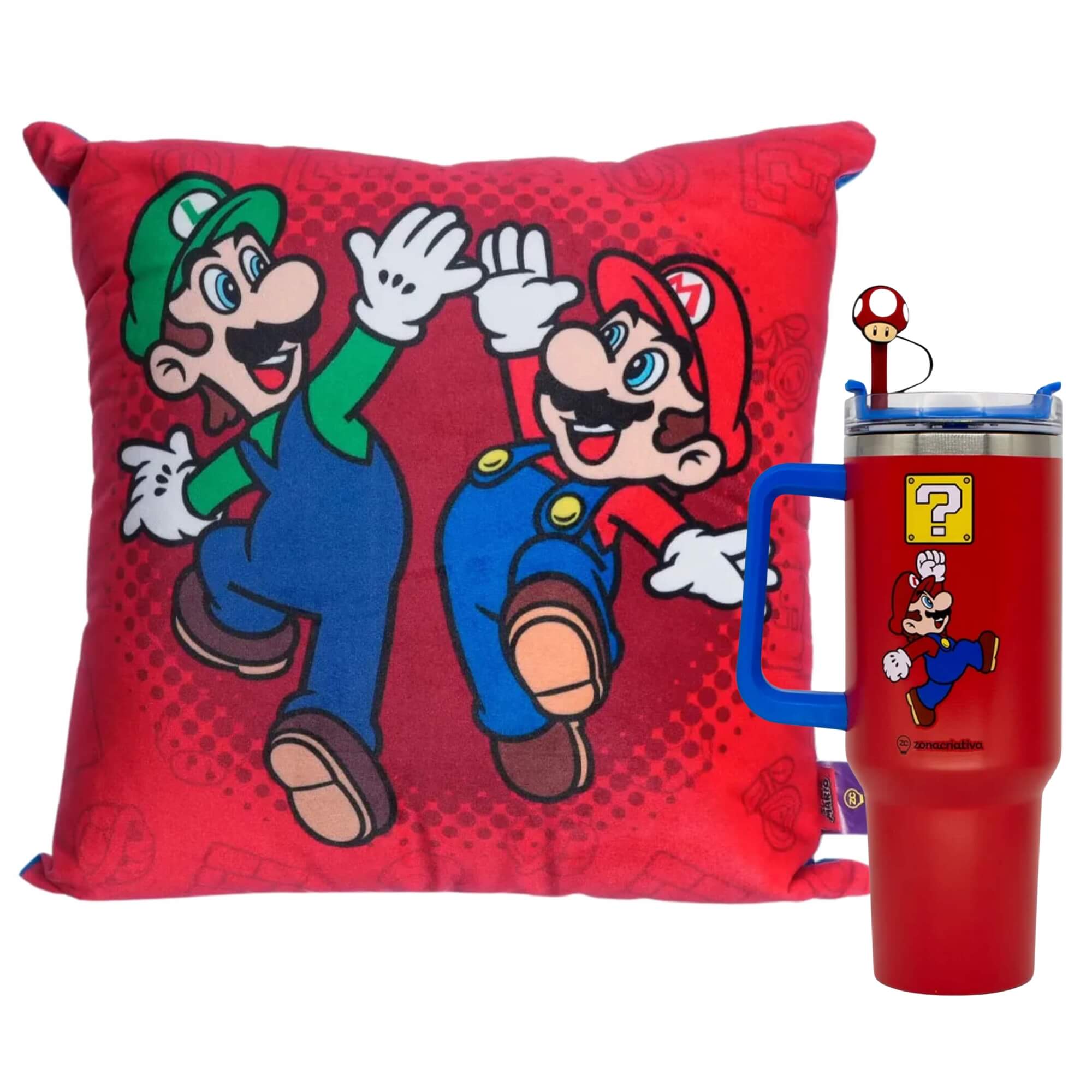 COMP Kit Copo Térmico 1,15L Mario com Canudo + Almofada 40x40cm Mario e Luigi Zona Criativa