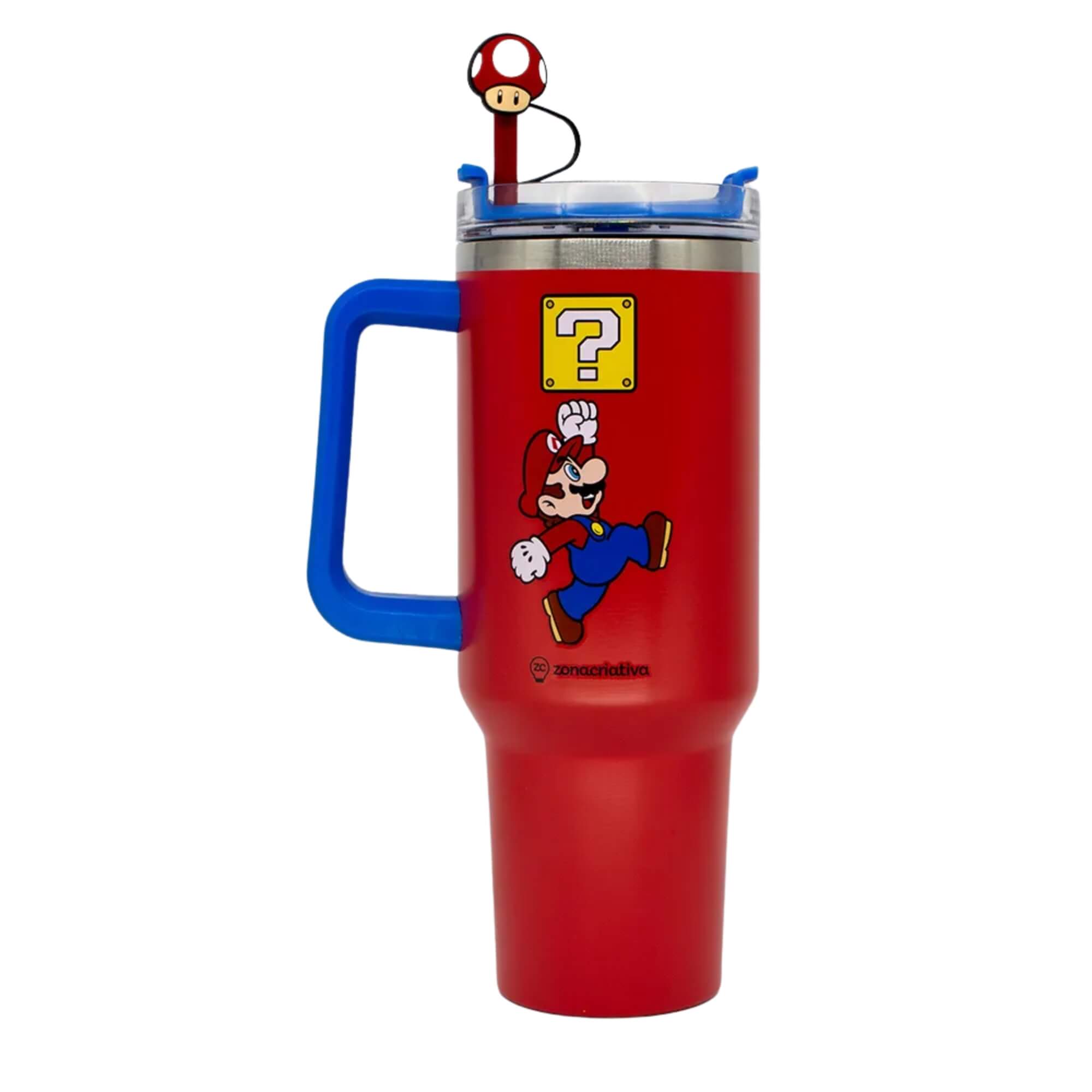 COMP Kit Copo Térmico 1,15L Mario com Canudo + Almofada 40x40cm Mario e Luigi Zona Criativa