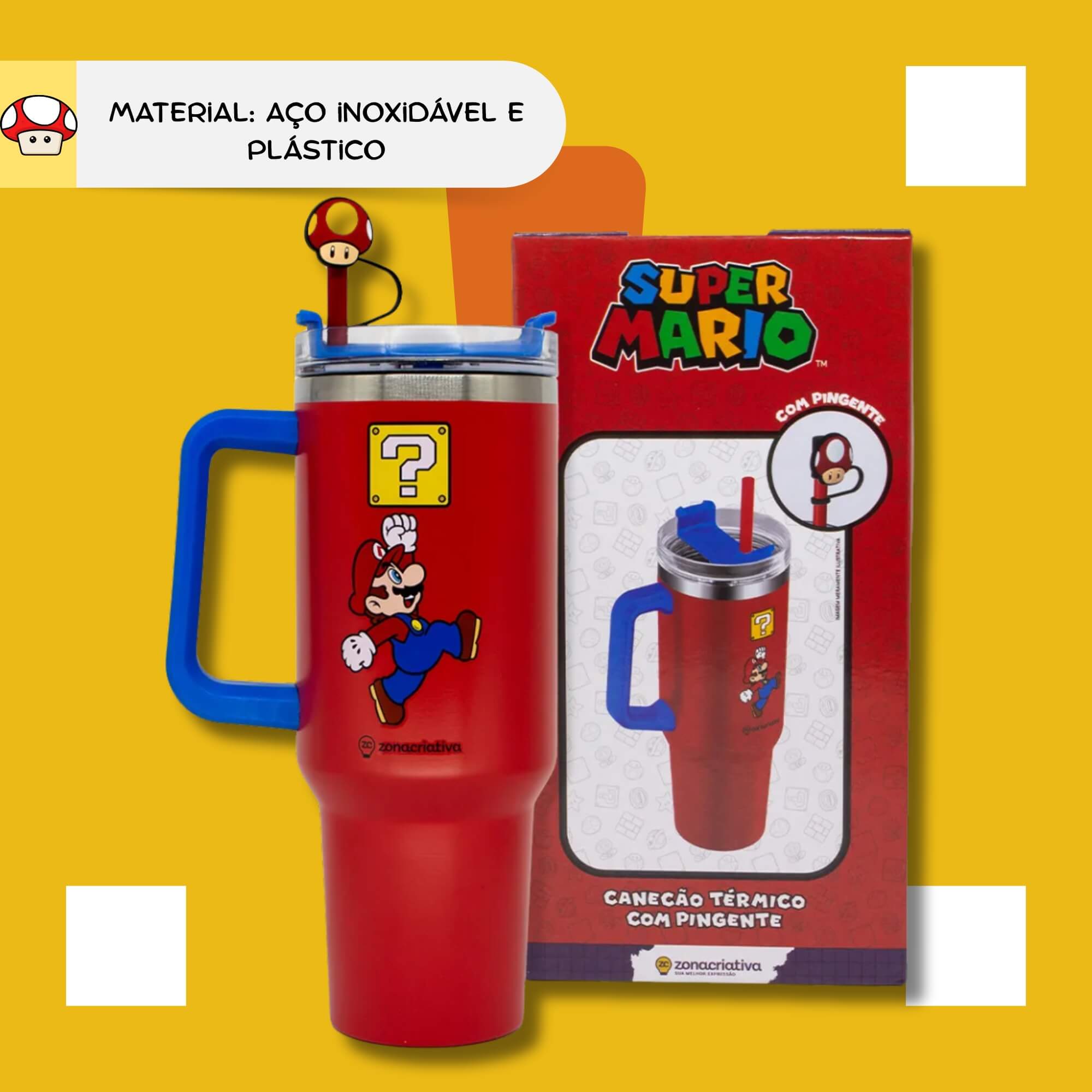 COMP Kit Copo Térmico 1,15L Mario com Canudo + Almofada 40x40cm Mario e Luigi Zona Criativa
