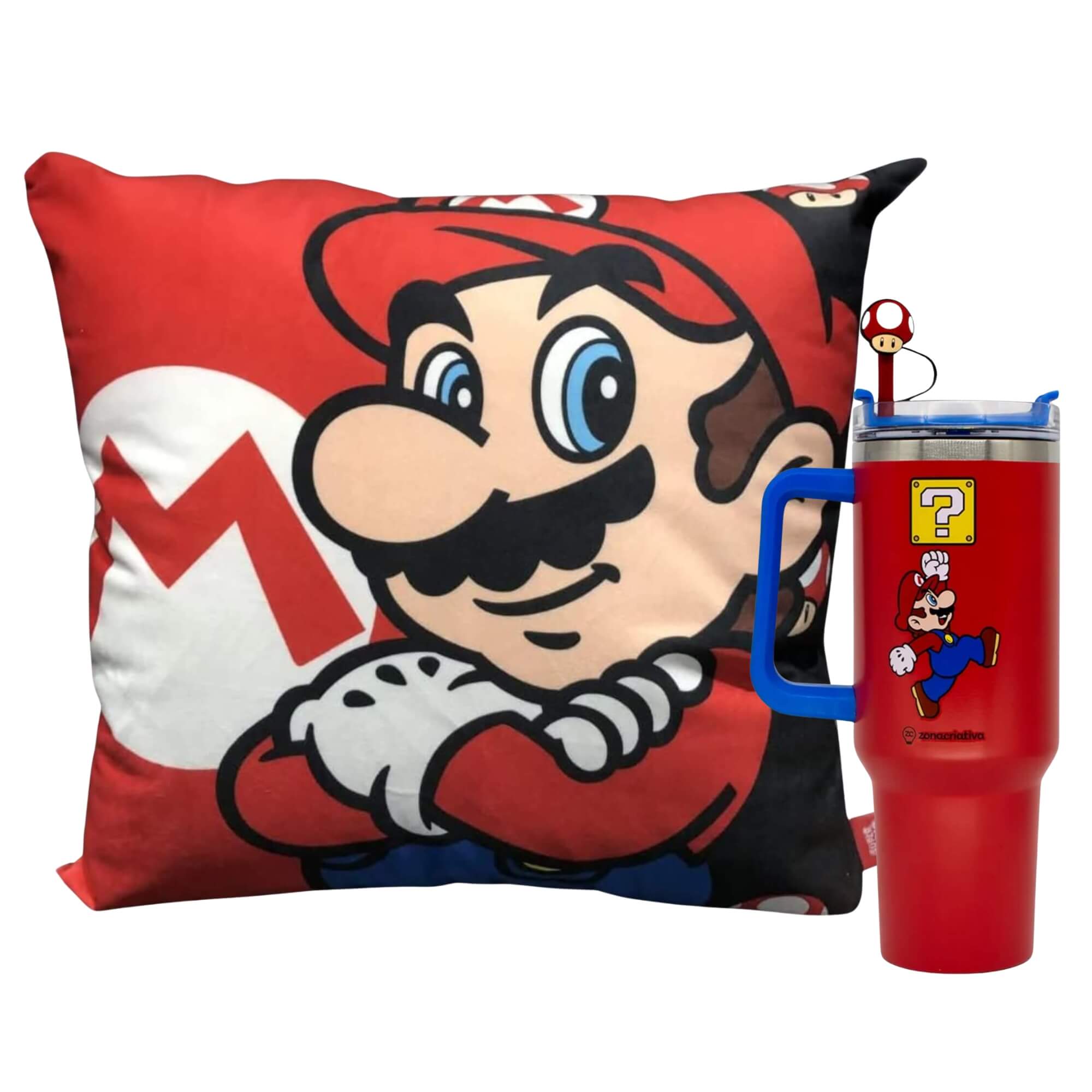 COMP Kit Copo Térmico 1,15L + Almofada Veludo 40x40cm Super Mario - Zona Criativa