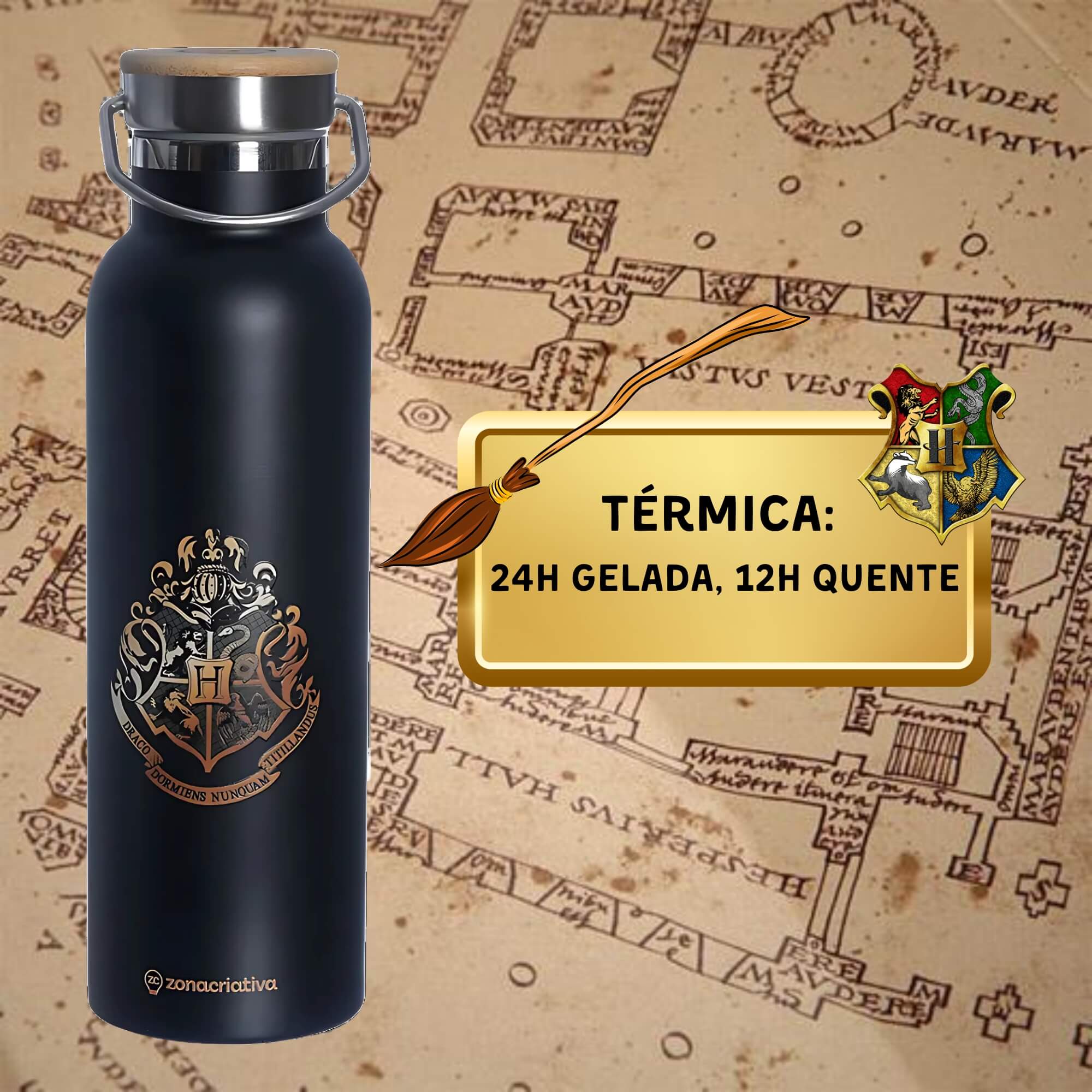 COMP Kit Garrafa Térmica Hogwarts 600ml + Caneca Mosquetão 300ml Harry Potter Zona Criativa