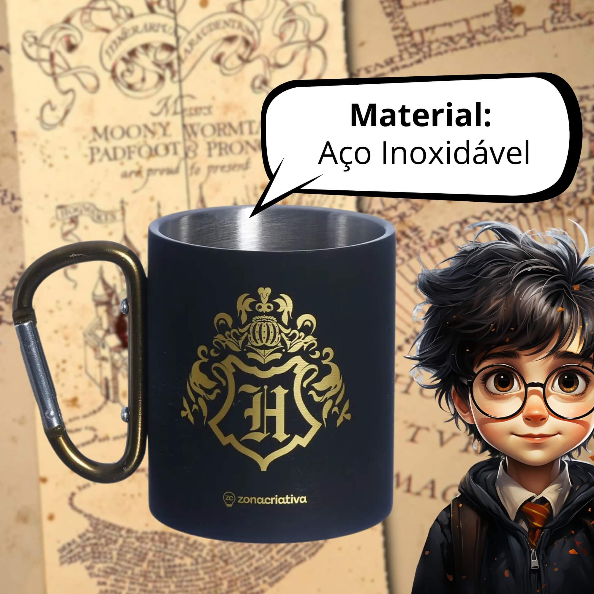 COMP Kit Garrafa Térmica Hogwarts 600ml + Caneca Mosquetão 300ml Harry Potter Zona Criativa